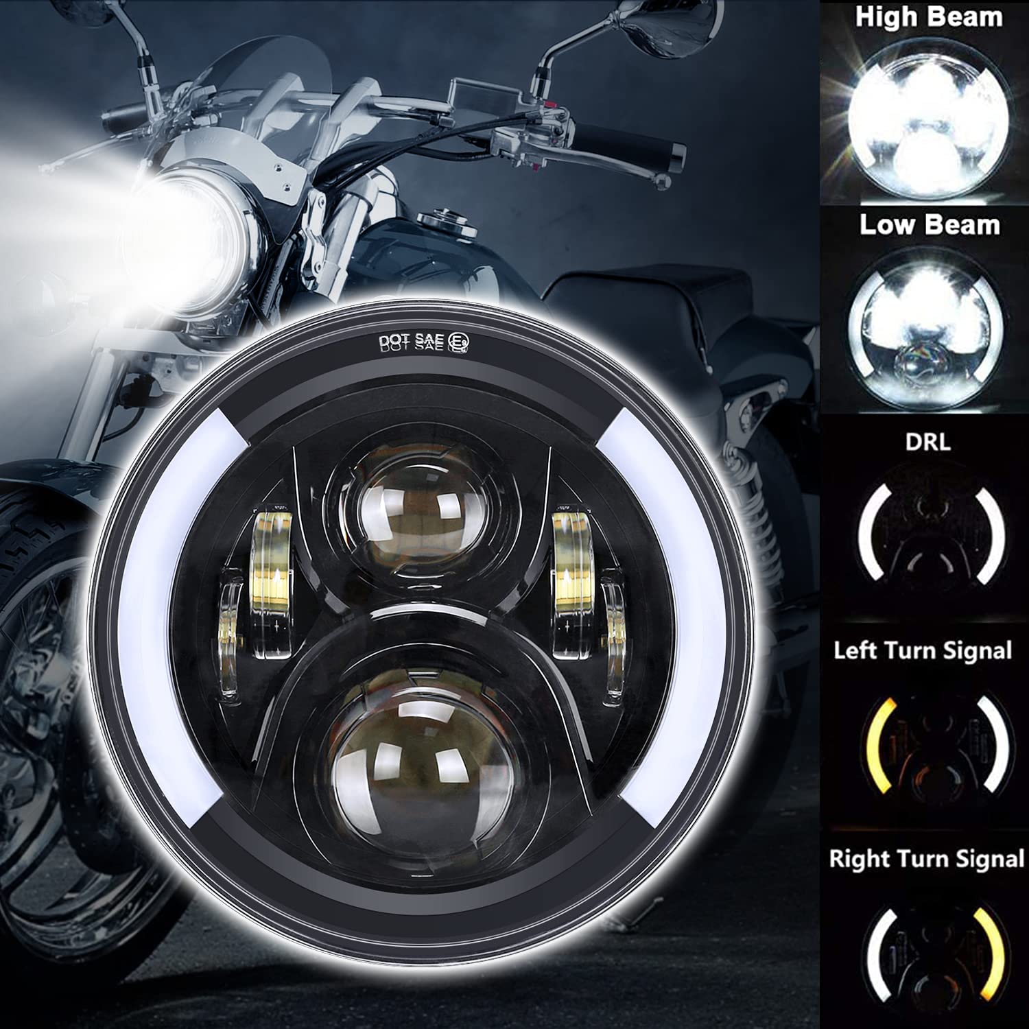 BORDAN 7 Inch LED Motorcycle Headlight DOT Approved Halo LED Round Headlight with White DRL & Amber Turn Signal for Road King Ultra Classic Electra Street Glide