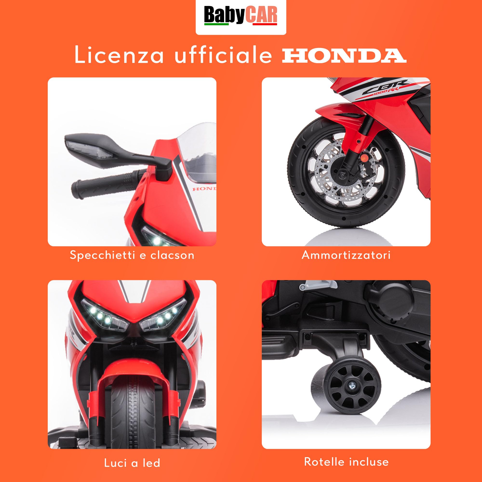 BabyCar Moto Elettrica Bambini Honda CBR 12V | Moto Elettrica Bambini 3-5 Anni con Luci, Suoni e Rotelle Stabilizzatrici | Batteria 12V 3,5Ah, Motore 30W e Acceleratore a Pedale | Rosso