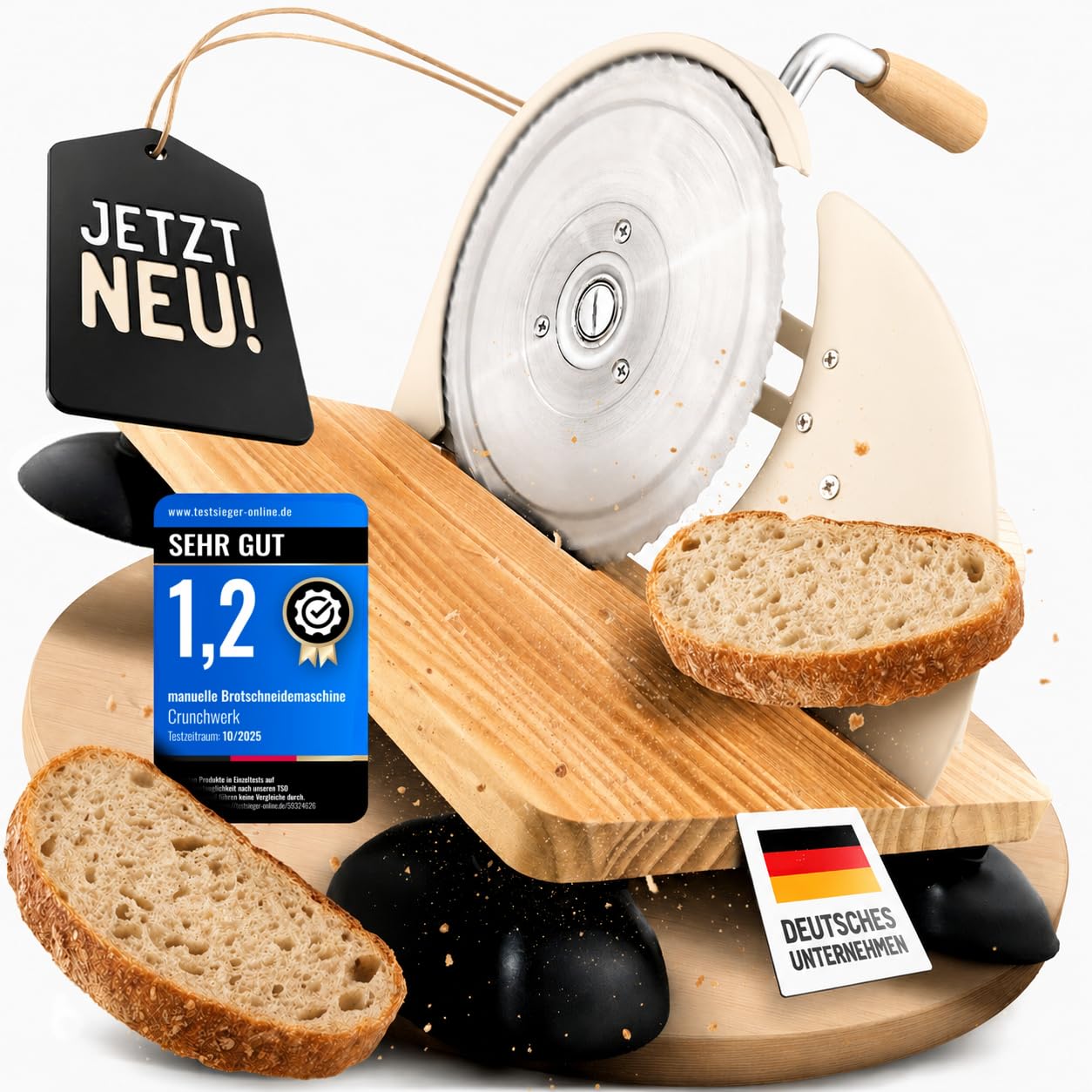 Brotschneidemaschine manuell – Hochwertiger Edelstahl Allesschneider mit Kurbel & Holzbrett | Präziser Schnitt, Retro-Design, rutschfeste Saugfüße für Brotliebhaber | Beige