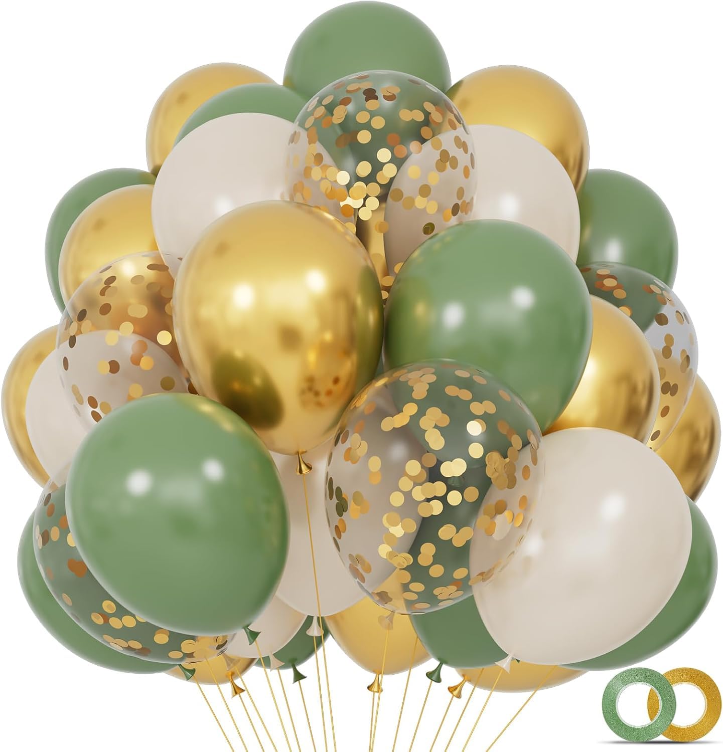 68Pcs Balloons Kit 12 Inch Sage Green Balloon Sand White Metallic Gold Balloon Confetti with Ribbons