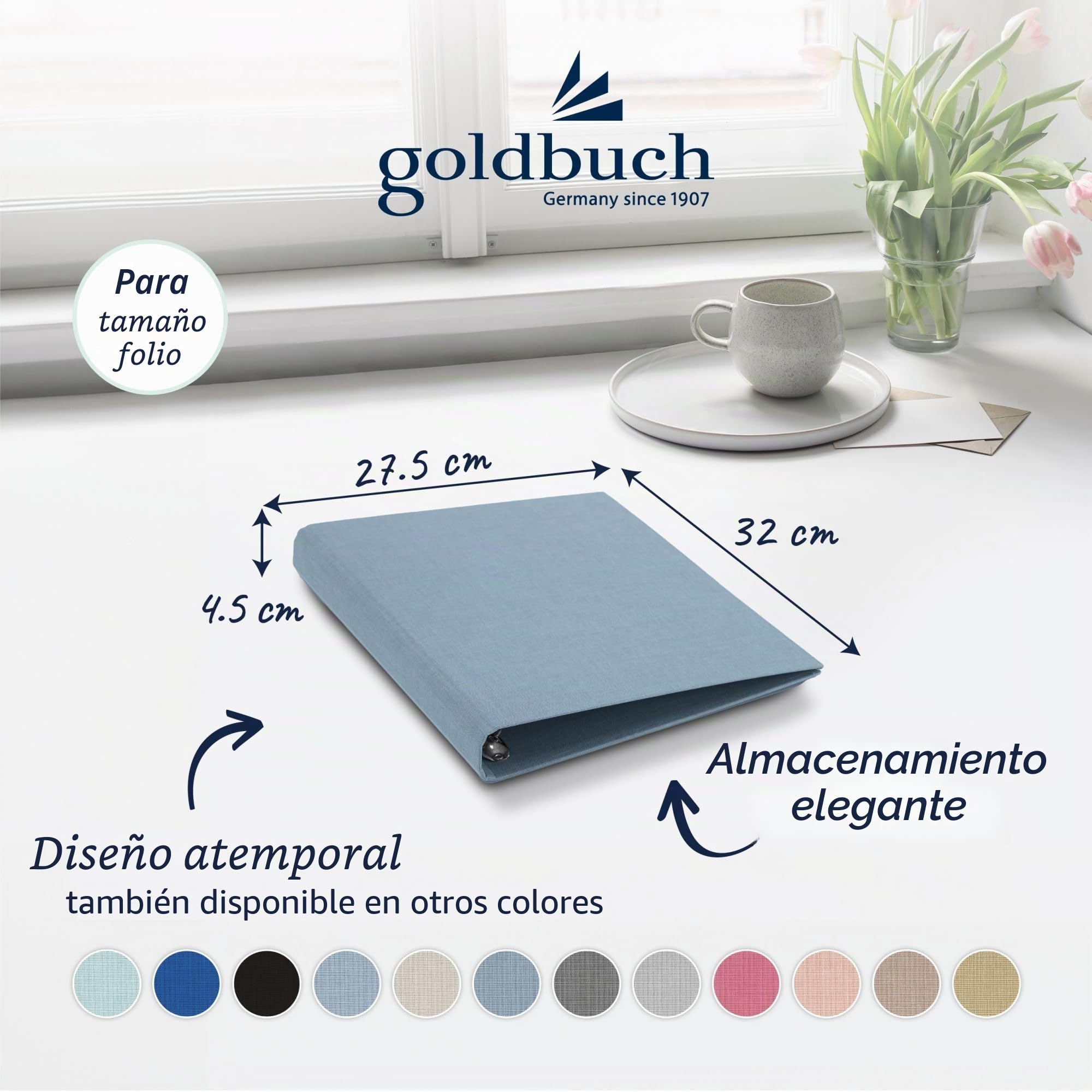 goldbuch Summertime 37 213 - Carpeta de anillas A4, 32 x 27,5 x 4,5 cm, grapadora con mecanismo de 4 anillas y clip de sujeción, formato DIN A4, carpeta de anillas de lino, gris claro