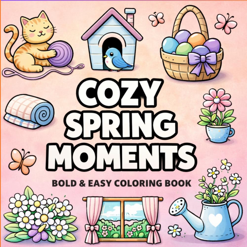 Cozy Spring Moments Bold & easy coloring book: Bold and Easy Designs for Relaxation, Stress Relief, and Cute Cozy Spring Vibes