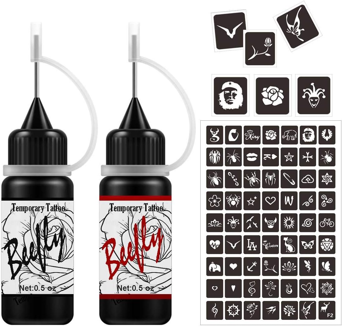 Temporary Ink Kit, Semi Permanent Freehand Ink/Paste, DIY Temp for Kids Women Adults 24 Pcs Free Adhesive Stencils, For DIY Fake Freckle,Full Kit 2 Color