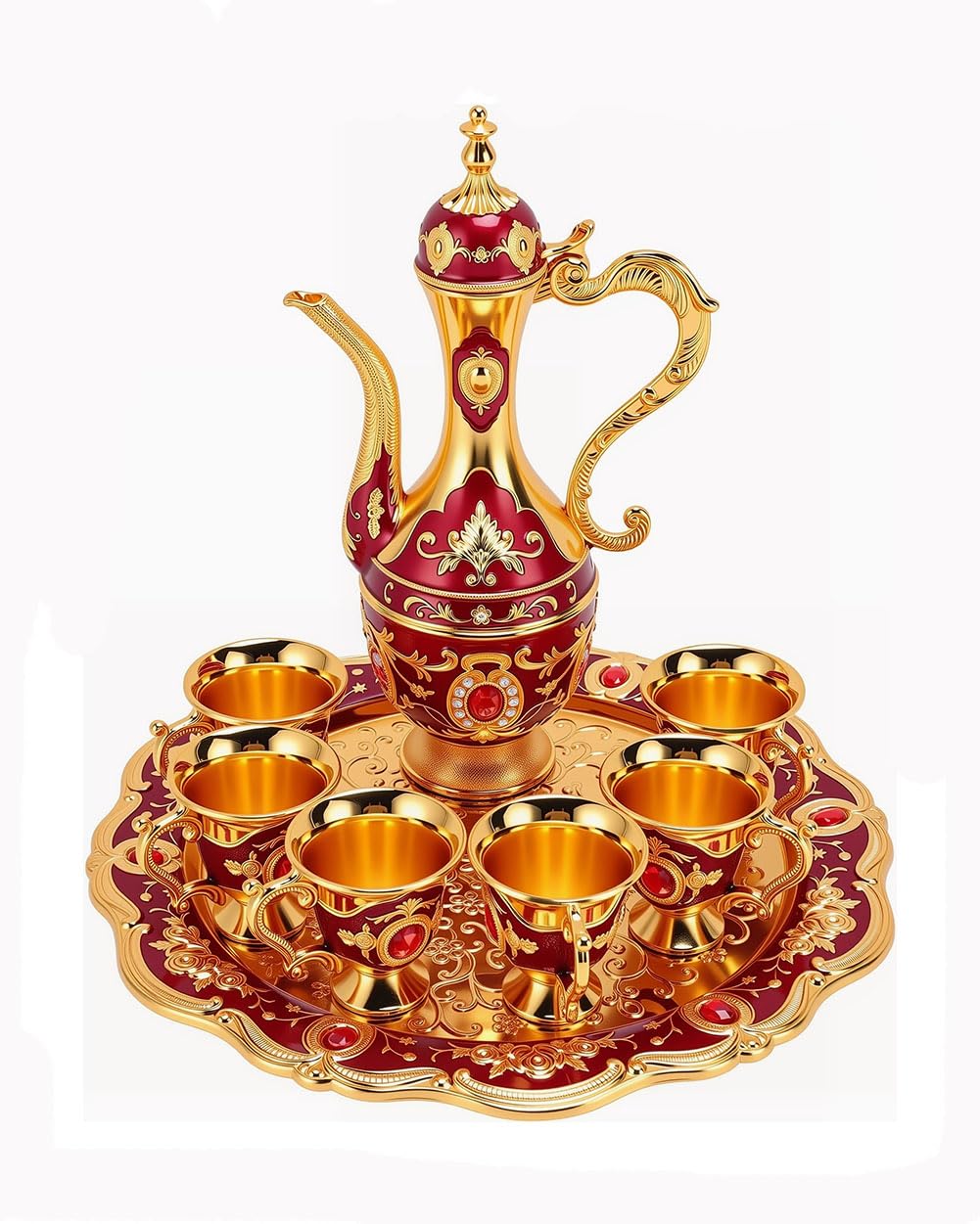 Vintage Turkish Coffee Pot Cups Set with Tray and 6 Cups Retro Coffee Pot Cups Set Exquisite Wine Pot Set Decorative Vintage Tea Service Set for Home Party Decor (Red)