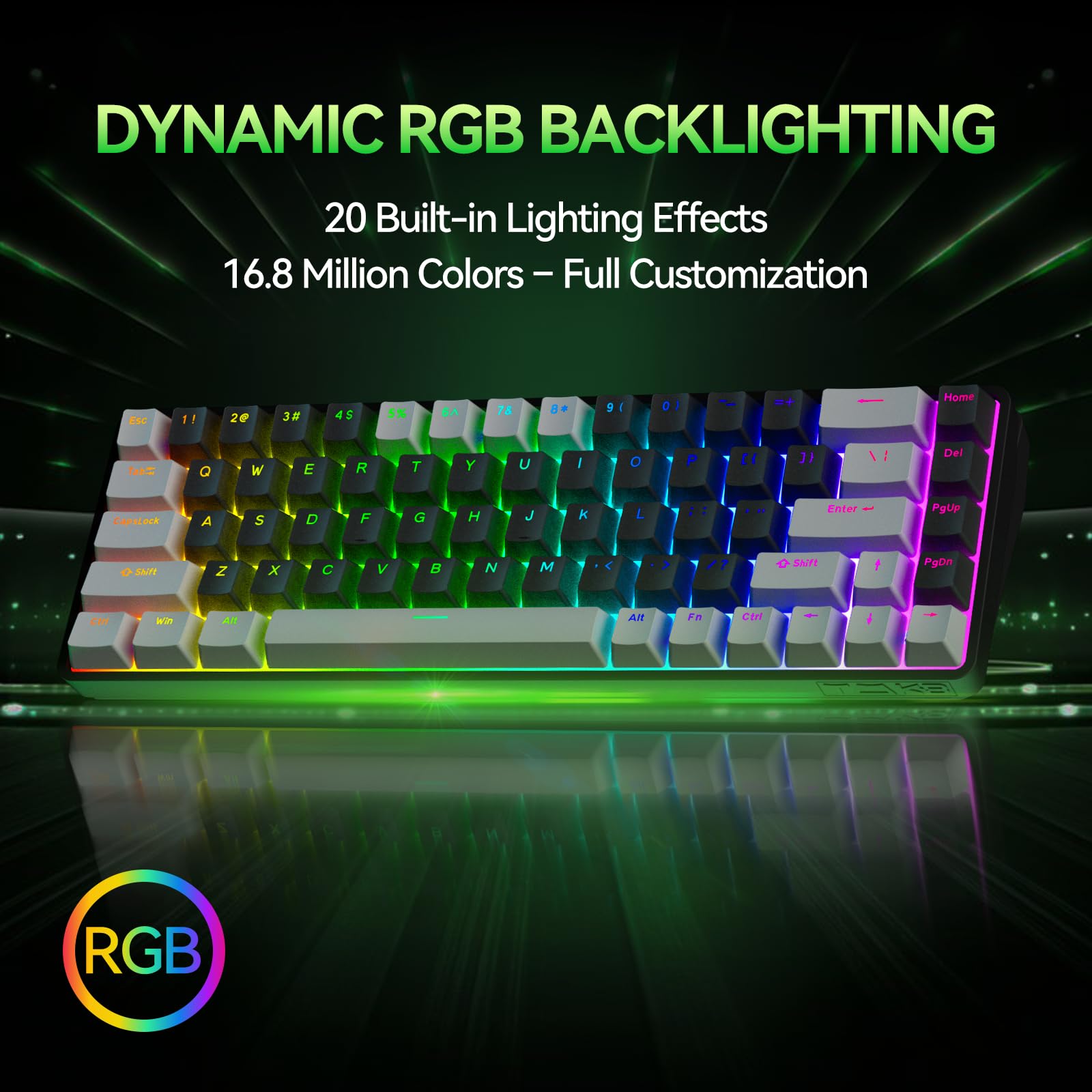 TMKB T68 Tastiera Meccanica da Gaming Wireless Tri-Mode (Bluetooth 5.0/2.4G/USB-C), Layout 60% con 68 Tasti Retroilluminazione RGB (QWERTY), Switch Rosso - Grigio/Nero