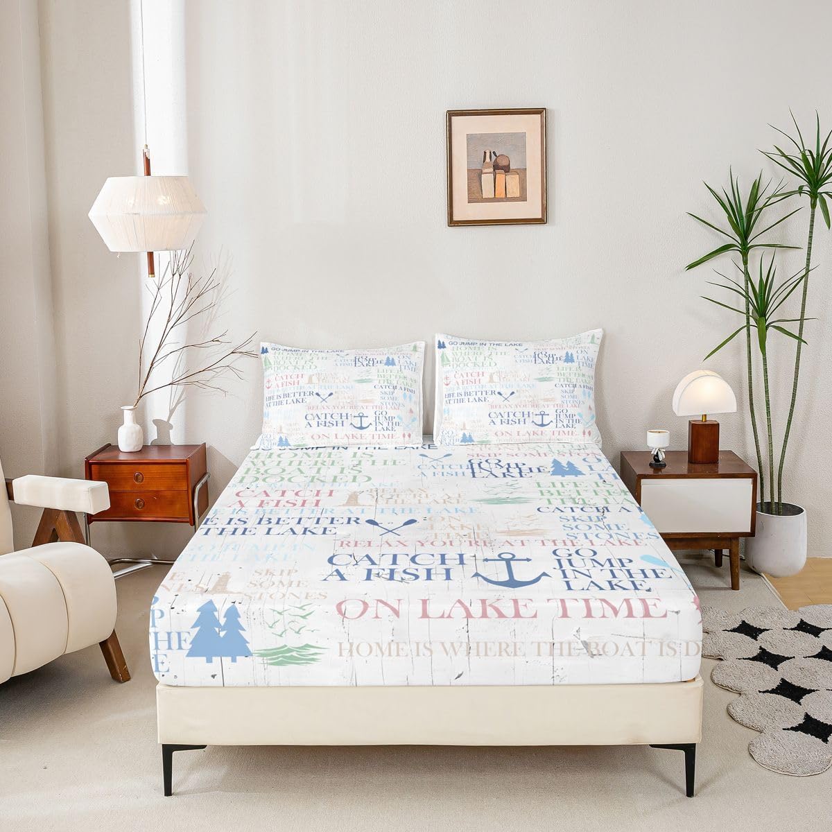 Nautical Anchor Bedding Set Full Size,Boating Lover Bed Sheet Set 3pcs for Kids Teens Adult Room Decor,Outdoor Adventure Fitted Sheet Lake House Style Bed Cover with 2 Pillowcases,White