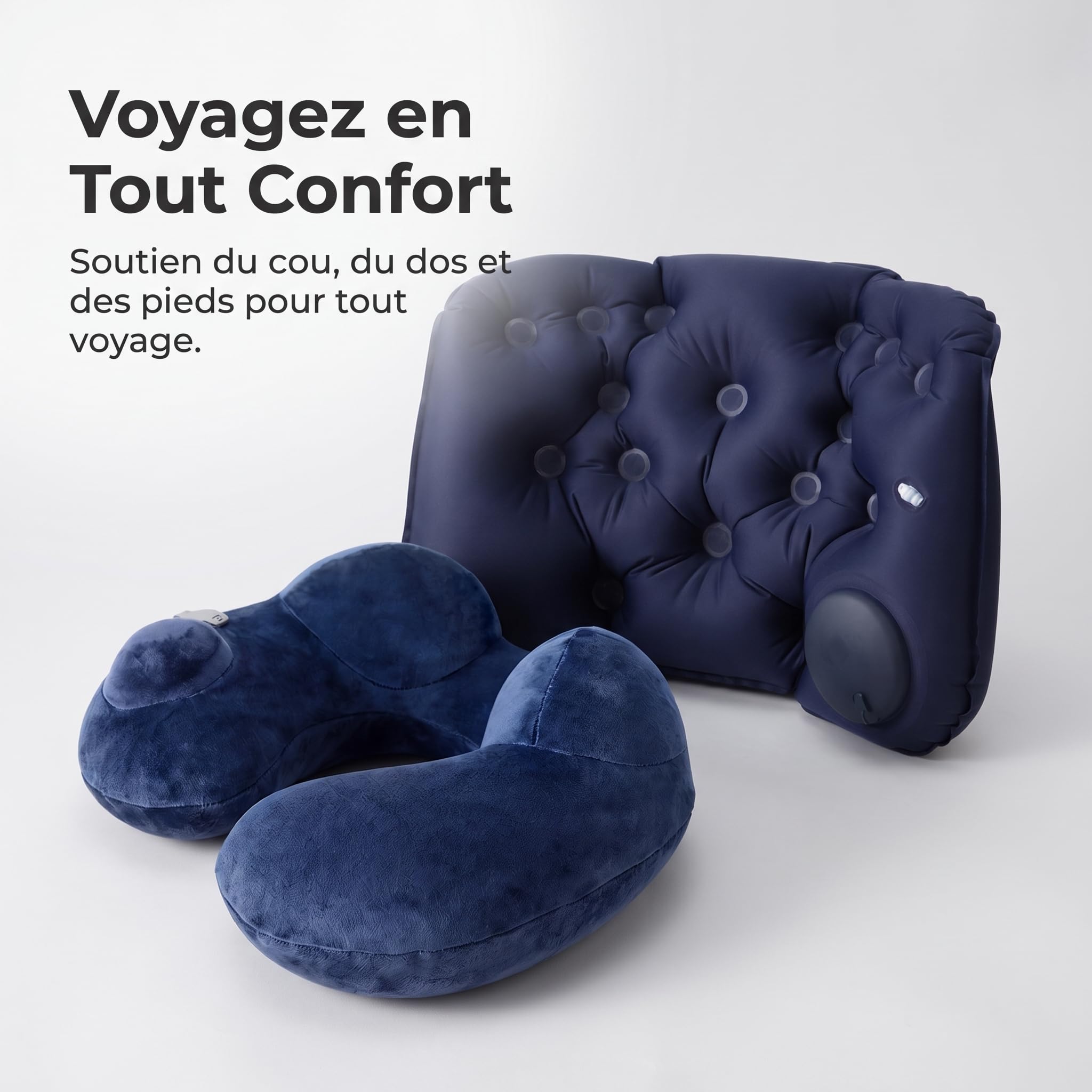 Homyl Oreiller Gonflable et Coussin Soutien Pliable pour Avion, Voiture ou Bureau, Coussin Lombaire Gonflable à Pression + Oreiller de Voyage en Forme de U à Bosse de Chameau, Couleur Bleu Marine