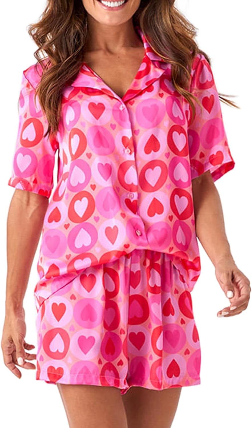 Valentines Pajamas for Women Heart Pajamas Shorts PJs Comfy Button Down Sleepwear Nightwear 2 Piece Sleeping Set 2026