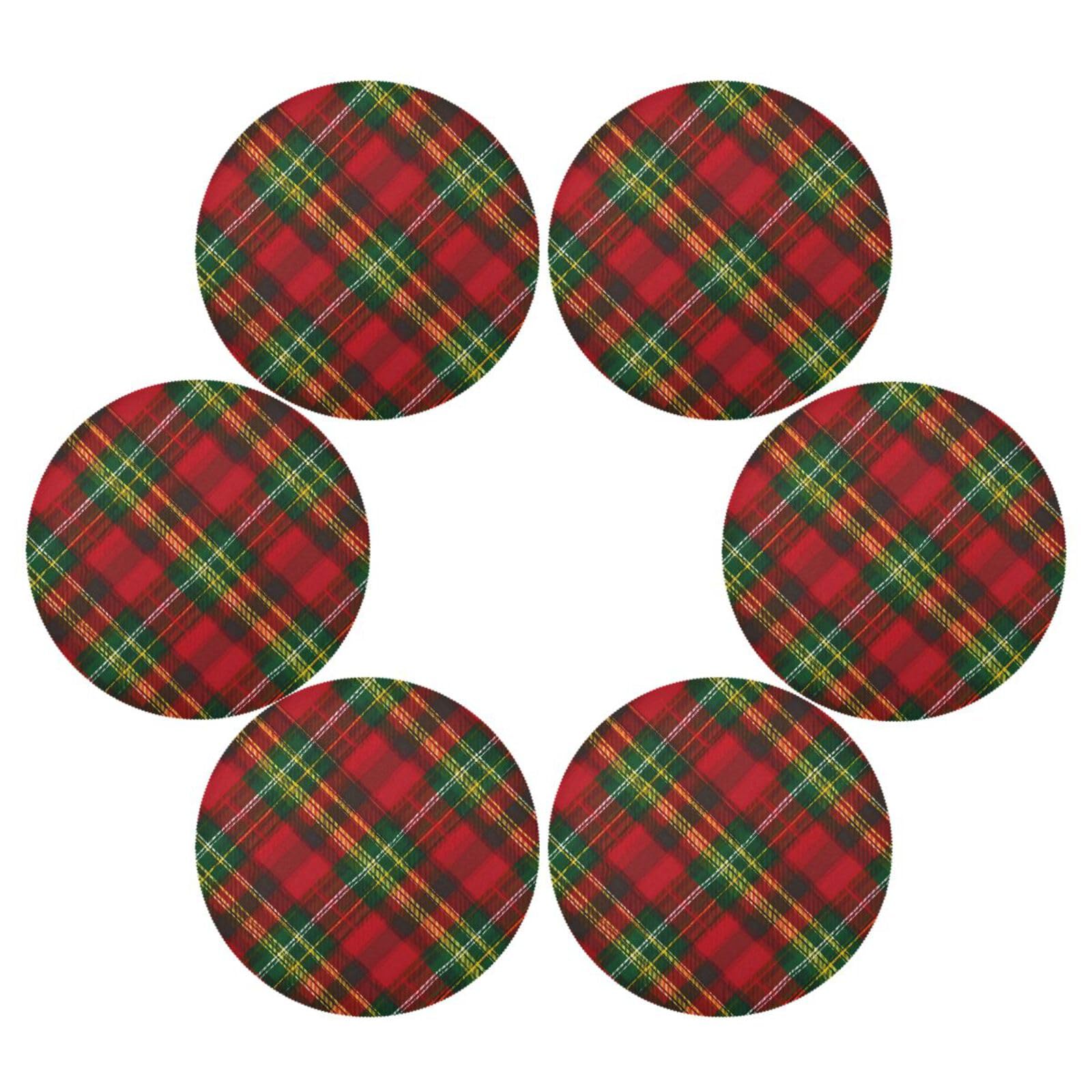 ALAZA Lot de 6 sets de table ronds pour table de salle à manger Motif tartan Rouge/vert/jaune
