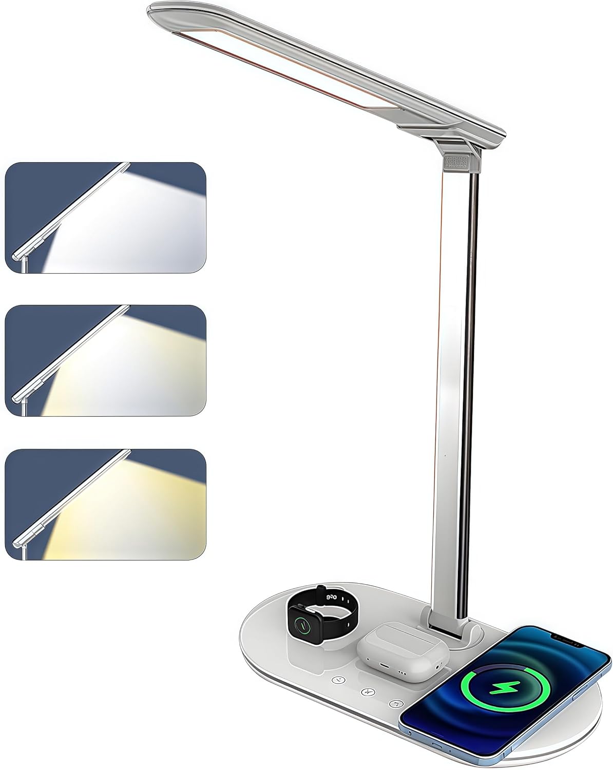 LED Desk Lamp with Wireless Charger Adjustable stepless dimming 3 Color Modes Desk Lamps for Home Office Touch Control White
