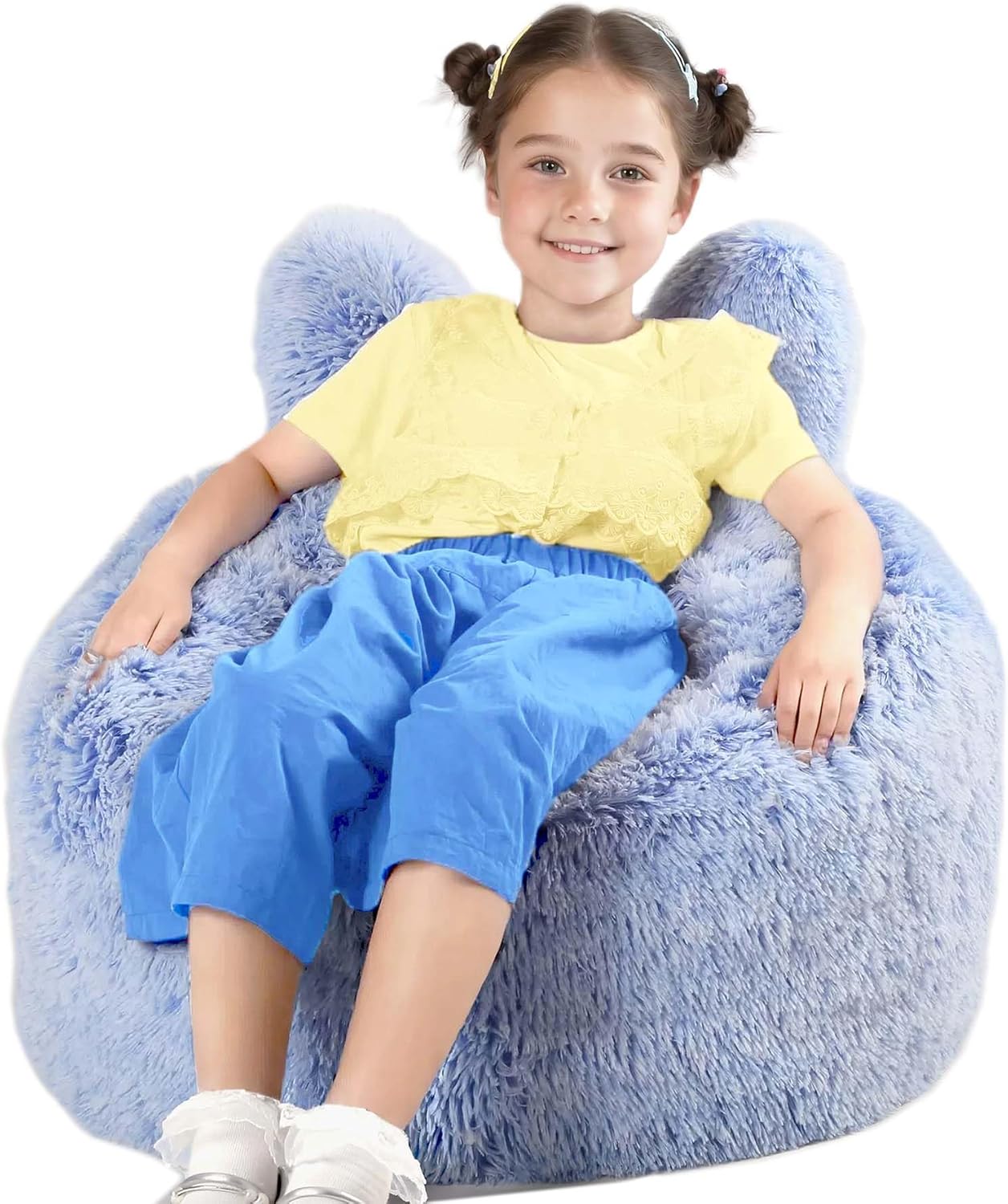 bean bag chair for kids with plush faux fur cover, 2.5ft memory foam filled bean bag for teens & kids, lazy sofa for living room/bedroom/dorm, rabbit-ears design frost blue small(25in)