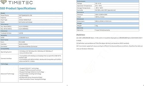 Miniatura 8 de Timetec SSD 3D NAND QLC SATA III 6Gbs M.2 2280 NGFF Velocidad de lectura de hasta 550MBs caché SLC Aumento del rendimiento Unidad interna de estado