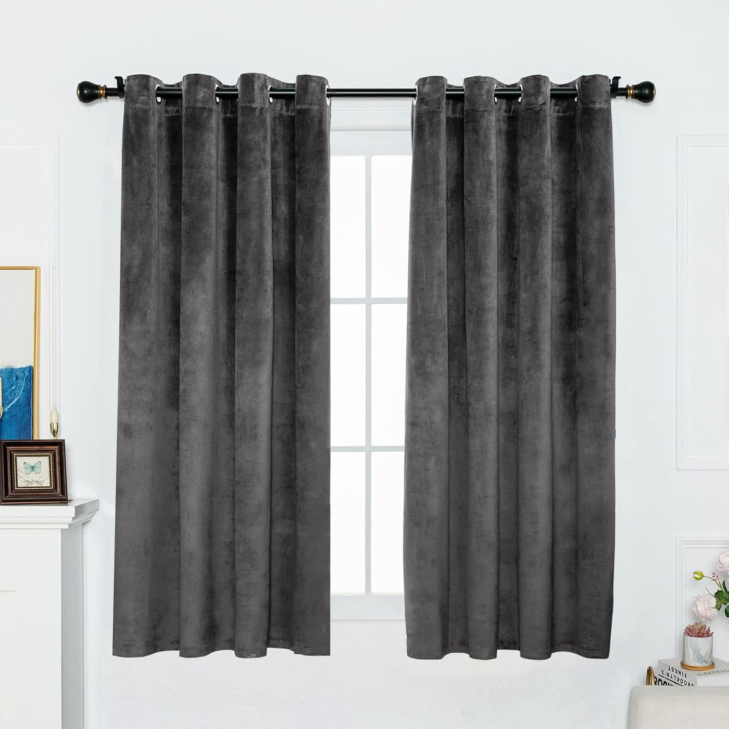 FY FIBER HOUSE Grommet Velvet Window Blackout Curtains Drapes 2 Panels for Bedroom Living Room Office W52xL63 Inch Set of 2 Panels Gray Grey 63"W x 52"L (Pack of 2)