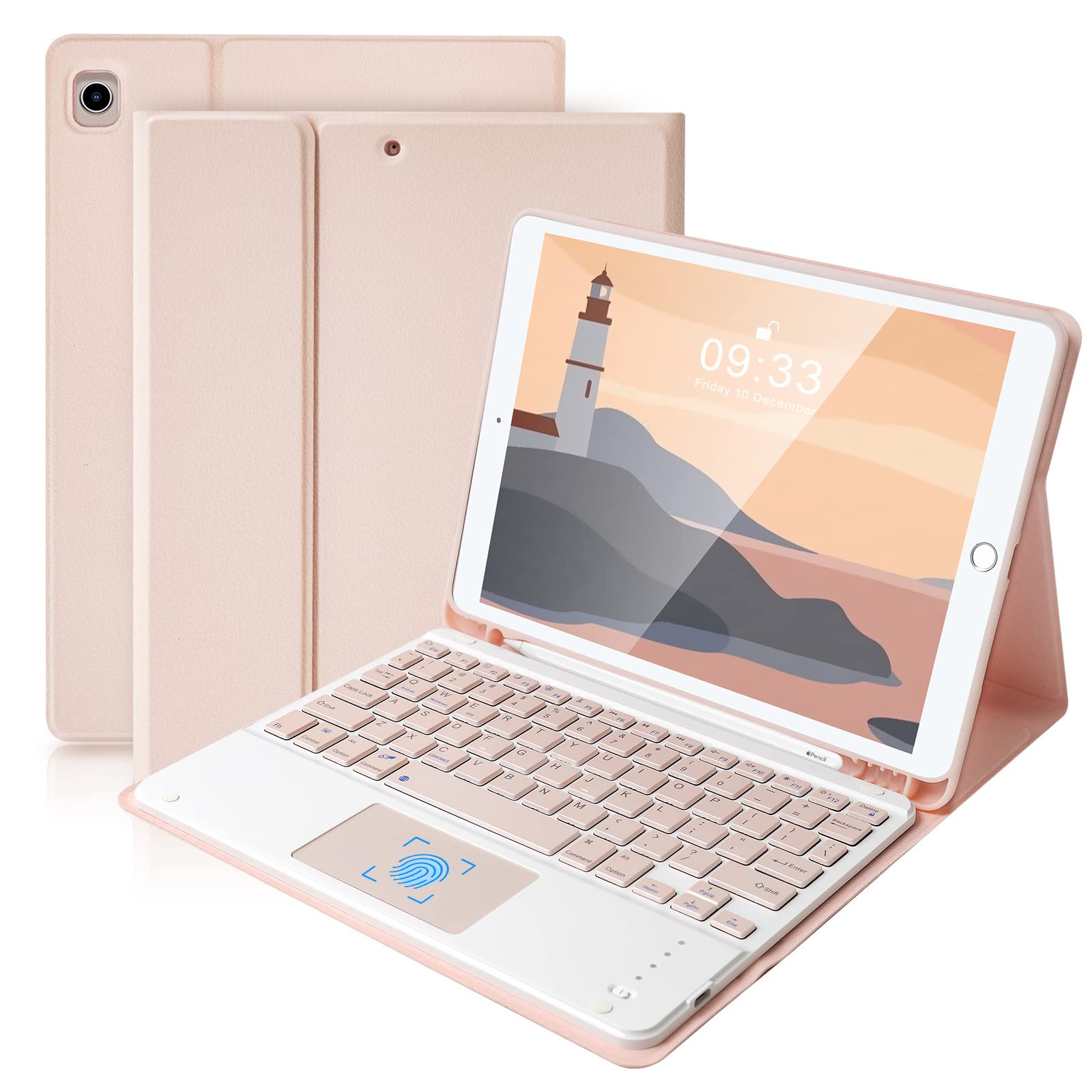 SOPPY Bluetooth Keyboard Case with Touchpad for iPad 9th Gen 2021, 8th Gen 2020, 7th Gen 10.2" 2019, Air 3 & Pro 10.5", Detachable Wireless, Slim Protective Cover, with Pencil Slot, UK Layout, Pink