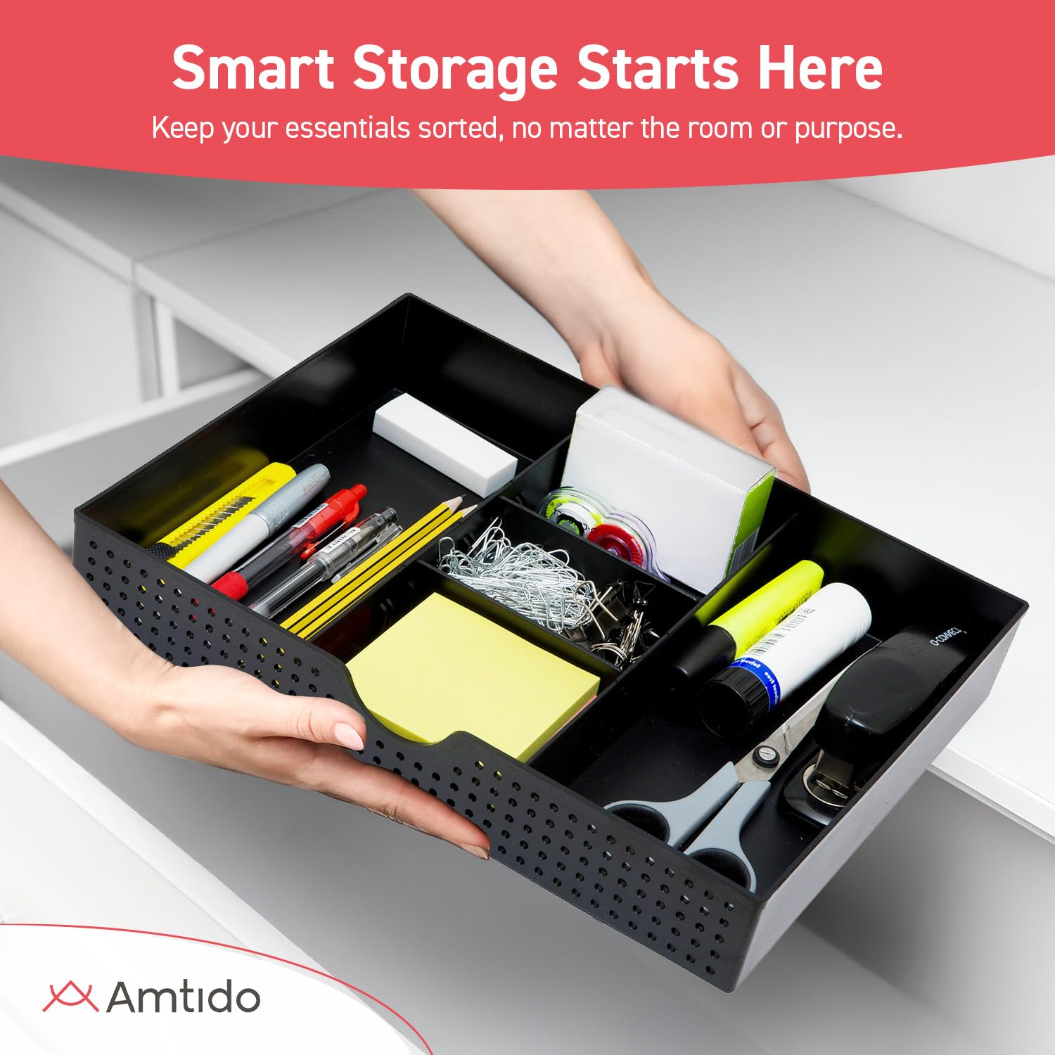Amtido - Organizer per scrivania con cassetto e accessori per cancelleria da ufficio – 3 scomparti con 2 divisori regolabili – nero – 2 pezzi