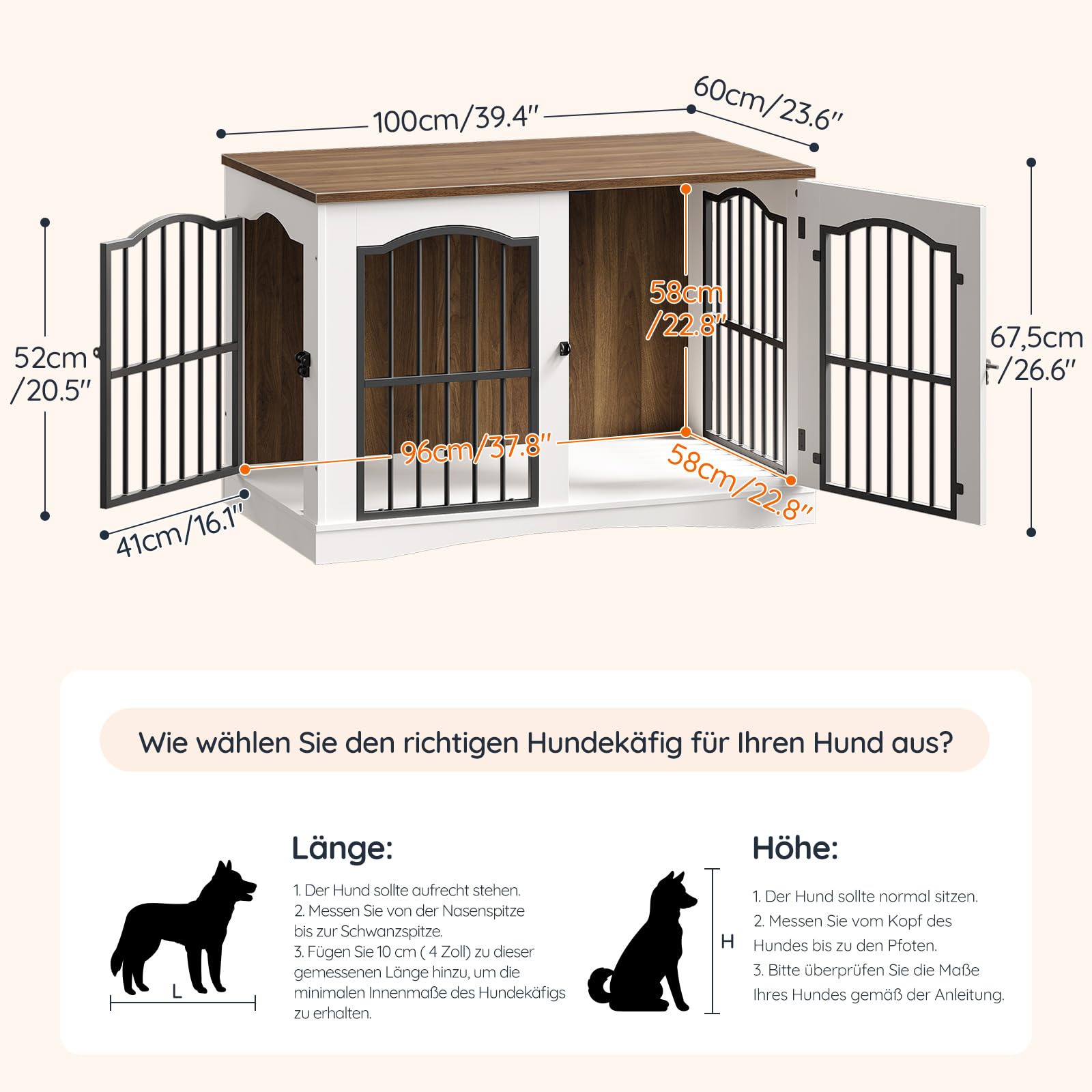 HOOBRO Hundekäfig Möbel, 100cm Hundebox für Zuhause, Moderne Hundebox Indoor mt 3 Türen für mittelgroße Hunde, für Wohnzimmer, Schlafzimmer, Treppenhaus, 100 x 60 x 67,5 cm, Weiß und Walnuss EWH66GW03