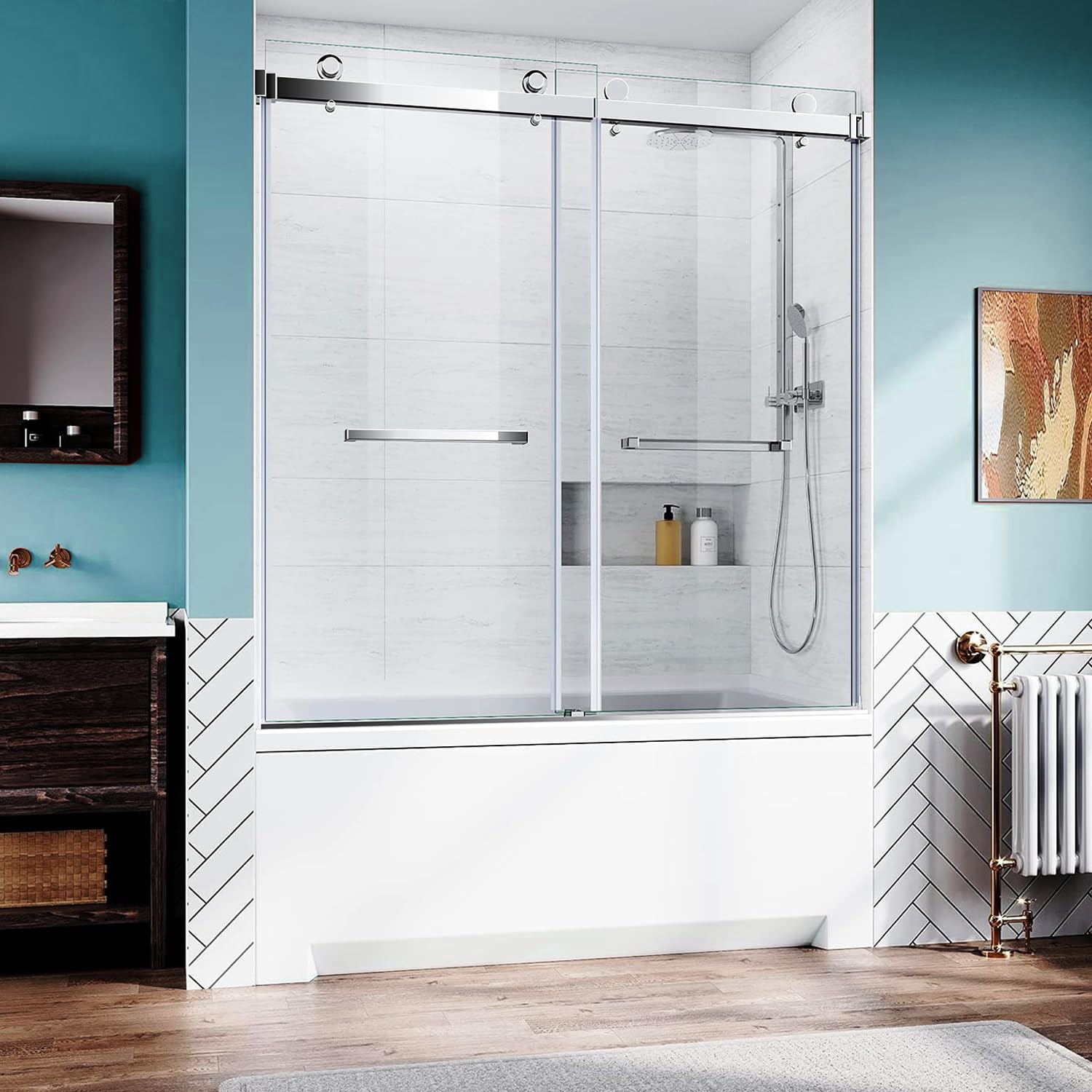Frameless Shower Door 56-60'' W x 62'' H with 3/8" (10mm) Clear SGCC Tempered Glass,Chrome Stainless Steel Handles Shower Glass Door for Bathtub,Tub Shower Door Double Sliding Reversible Installation