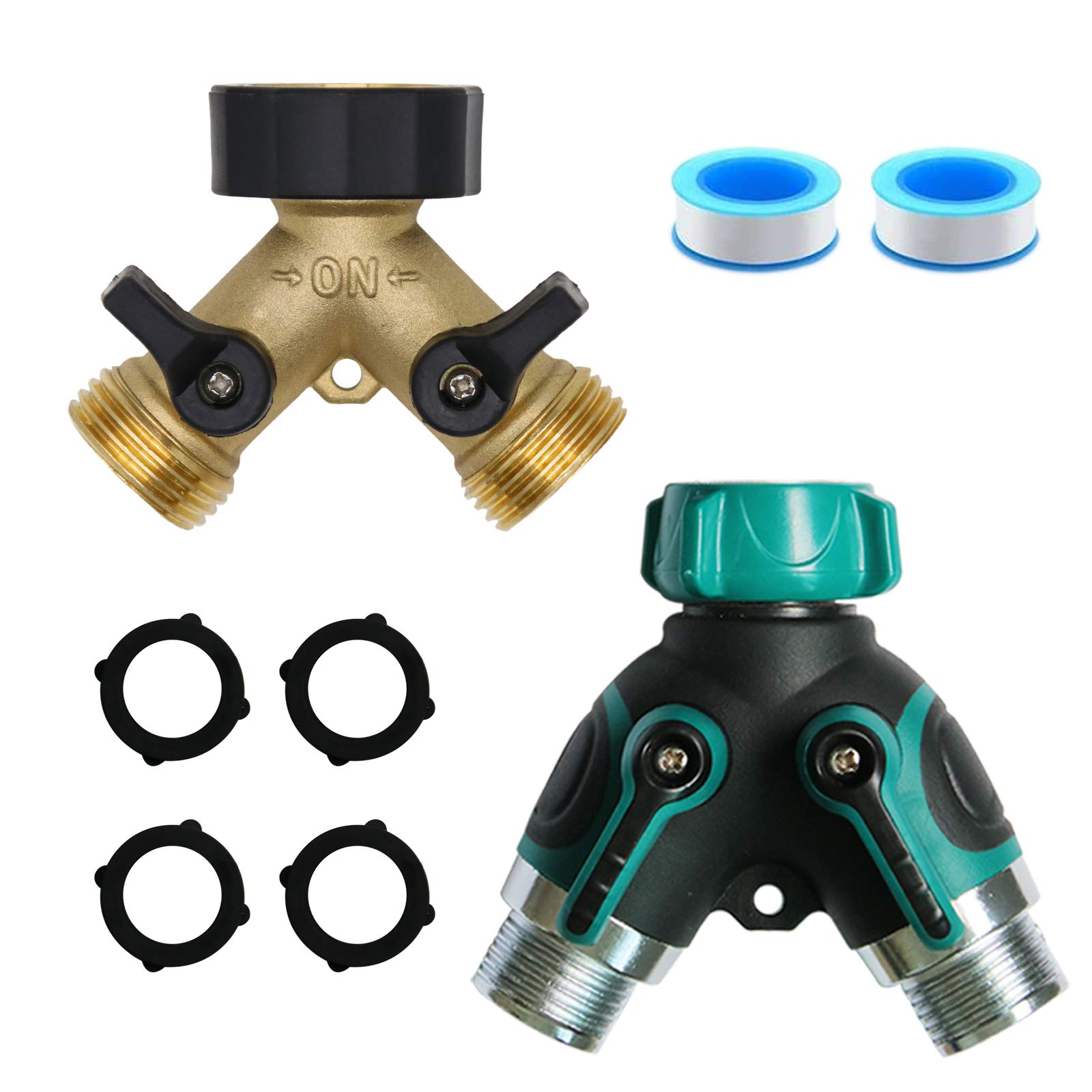 IRmm  2 Way Garden Hose Splitter Heavy Duty Brass & Zinc Alloy Connector Y Valve Tap Splitter Diverter Garden Hose Adapter with 4 O-Rings,Fits 3/4" Hoses,2 Pack (Sealing Tapes Included)