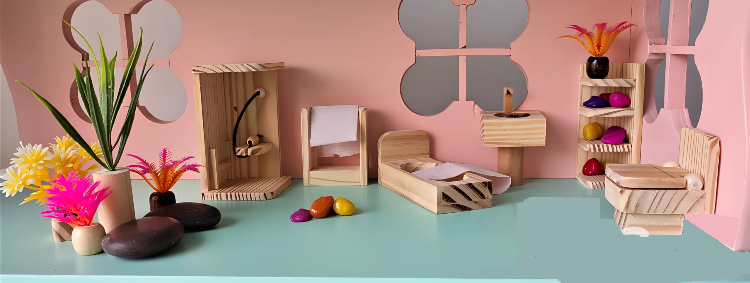 TinyMinyWorld Dollhouse Accessories Doll House Furniture Set (Wooden): Drawing Room - Kitchen - Bedroom - Toilet (Bath Room Extended) 4