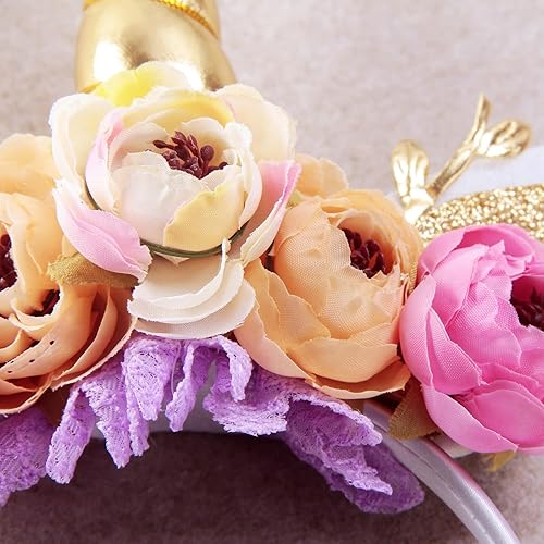 Miniatura 5 de Diadema de cuerno de unicornio con purpurina para niñas, diadema de camelia pony, banda para el pelo de flores, tiara para fiesta, regalo de
