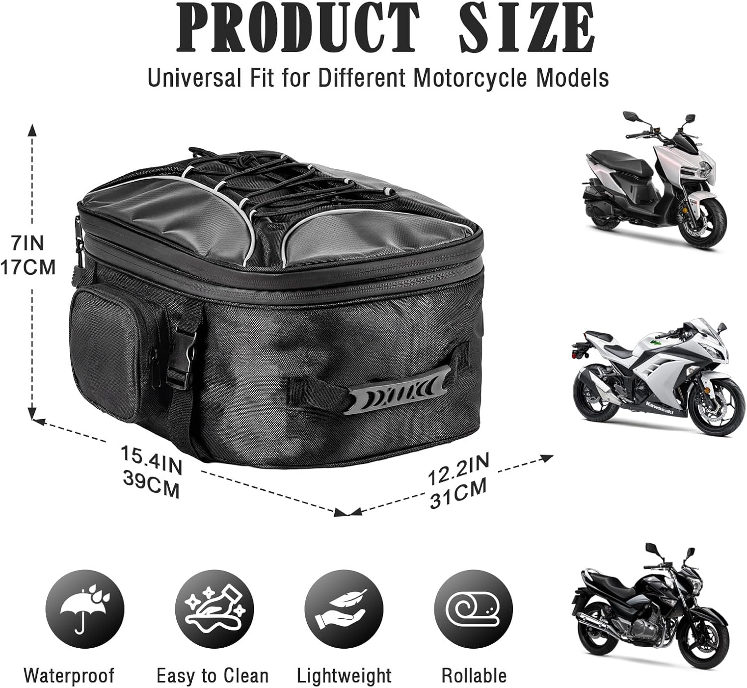 FOCHIER Fully Waterproof Motorcycle Dry Bag, 23L-34L Expandable Universal Tail Bag & Side Saddle Pannier, Roll-Top Rear Rack Trunk Storage, Heavy Duty Motorbike Luggage Accessories (Black)