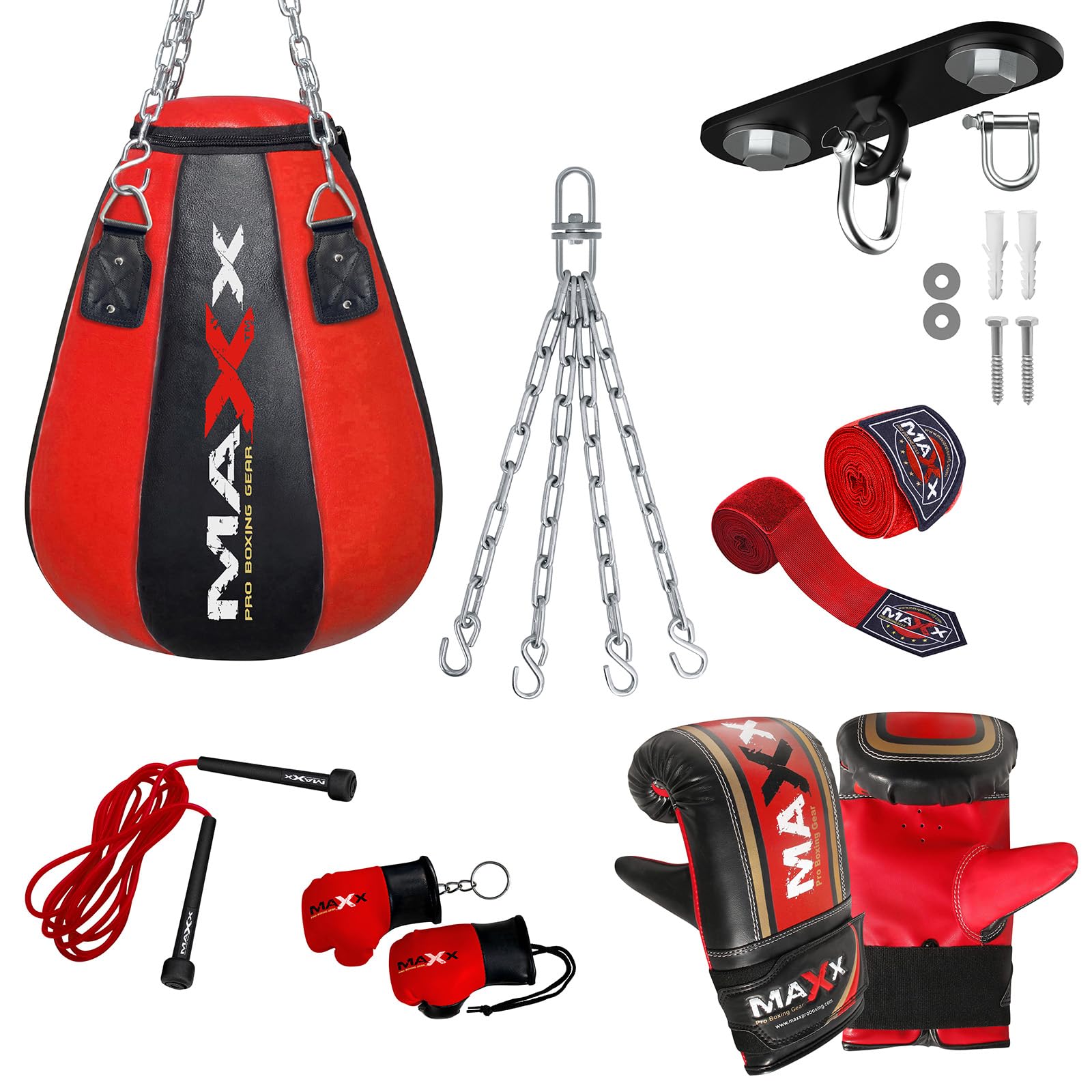 Maxx Black/Red Heavy Duty Punch Bags - Uppercut, Triple, Angle, Wrecking & More (Maize Bag, BAG +10PCS SET WTH HOOK)