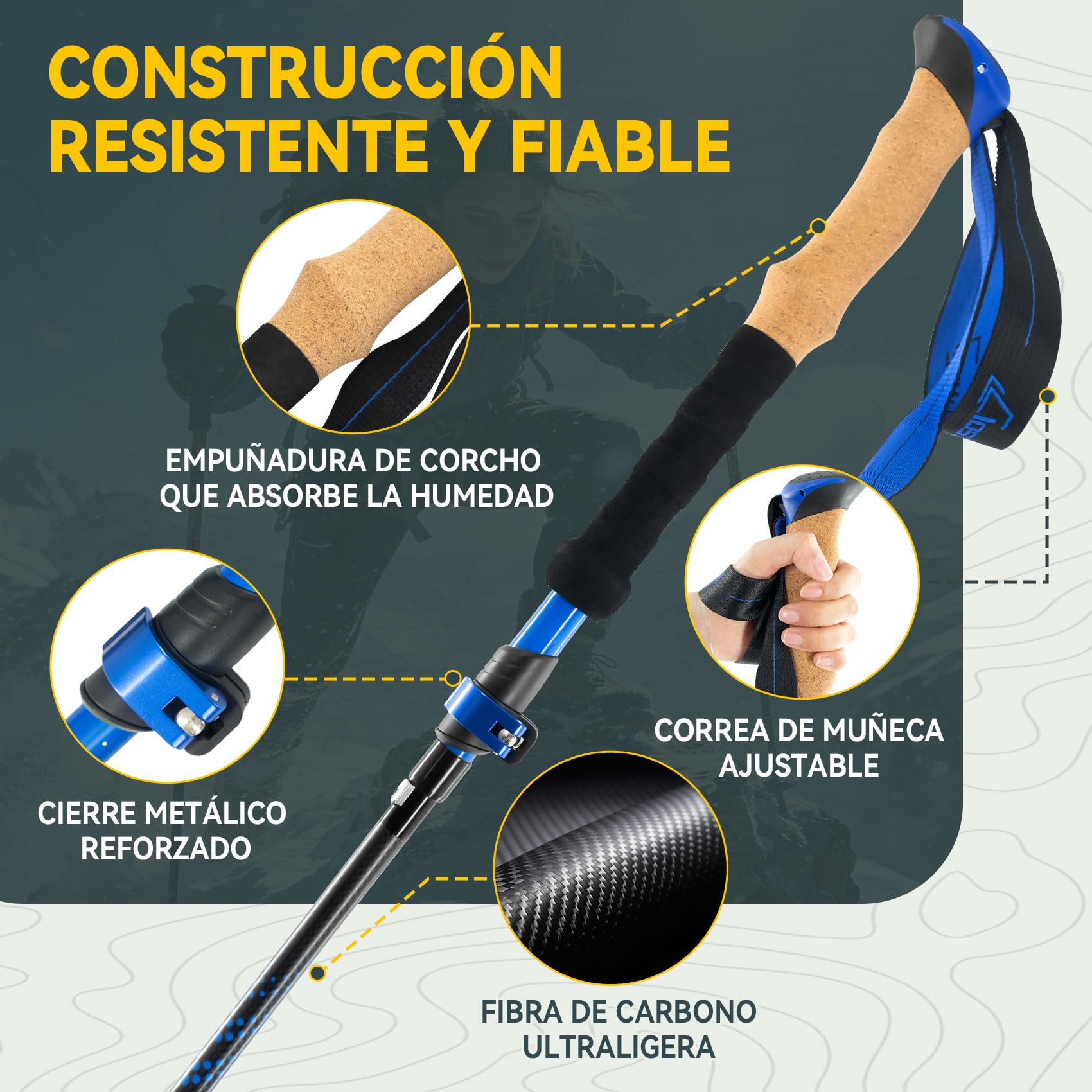 Clostnature Bastones de Senderismo Plegables - Bastones Trekking de Fibra de Carbono, Juego de 2, Ajustables 115-135 cm, Sistema de Bloqueo Rápido, Palos de Senderismo Ultraligeros y Resistentes