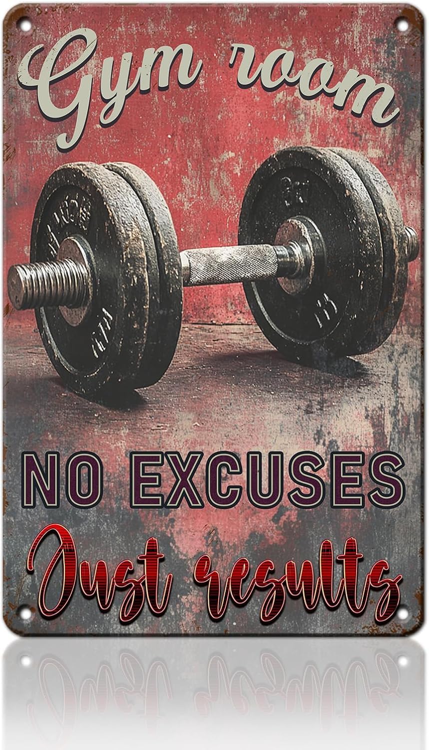 SMAZDFXX No Excuses Just Results Metal Tin Sign Motivational Posters For Home Funny Vintage Signs For Gym Room Weightlifting Dumbbell Fitness Inspirational Quotes Wall Art Decoration 5.5"x8"
