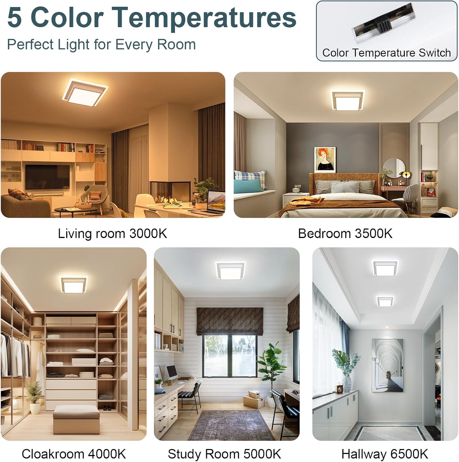 EIDISUNY 32W Modern LED Ceiling Light, 13 Inches Square Ceiling Light, 5CCT Flush Mount Ceiling Light, Hallway Ceiling Lighting Fixtures for Living Room Bedroom Bathroom Kitchen