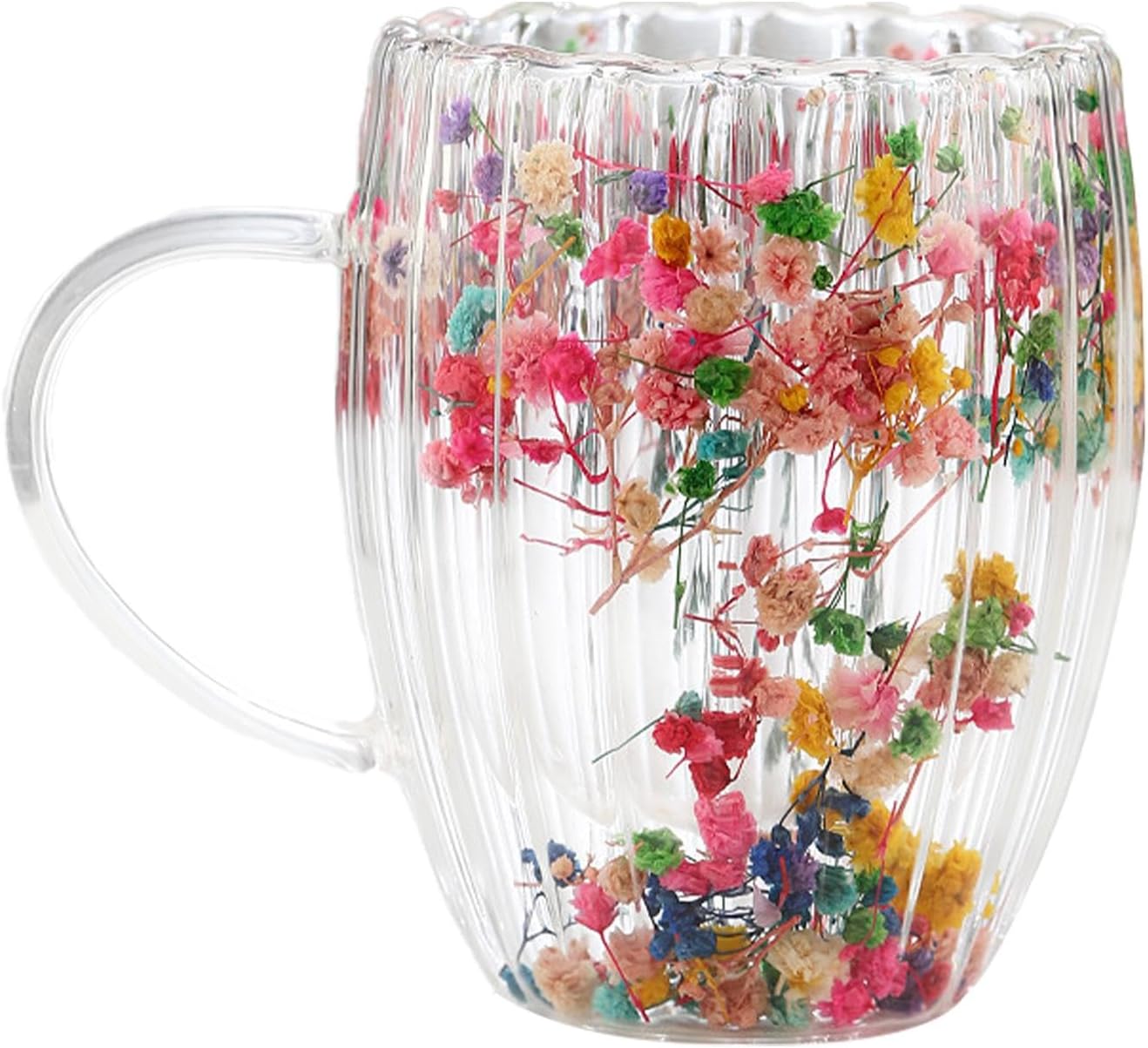 – Dried Flowers Coffee Mug | 300ml Double Walled Clear Coffee Cup with Handle,Drinking Cups, Beverage Glasses for Hot Cold Drinks