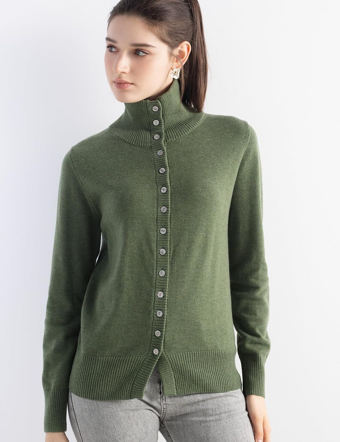 Women's Merino Wool Blend Cardigan 2025 Fall Winter Casual Mock Neck Long Sleeve Knit Cardigan with Buttons - Image 2