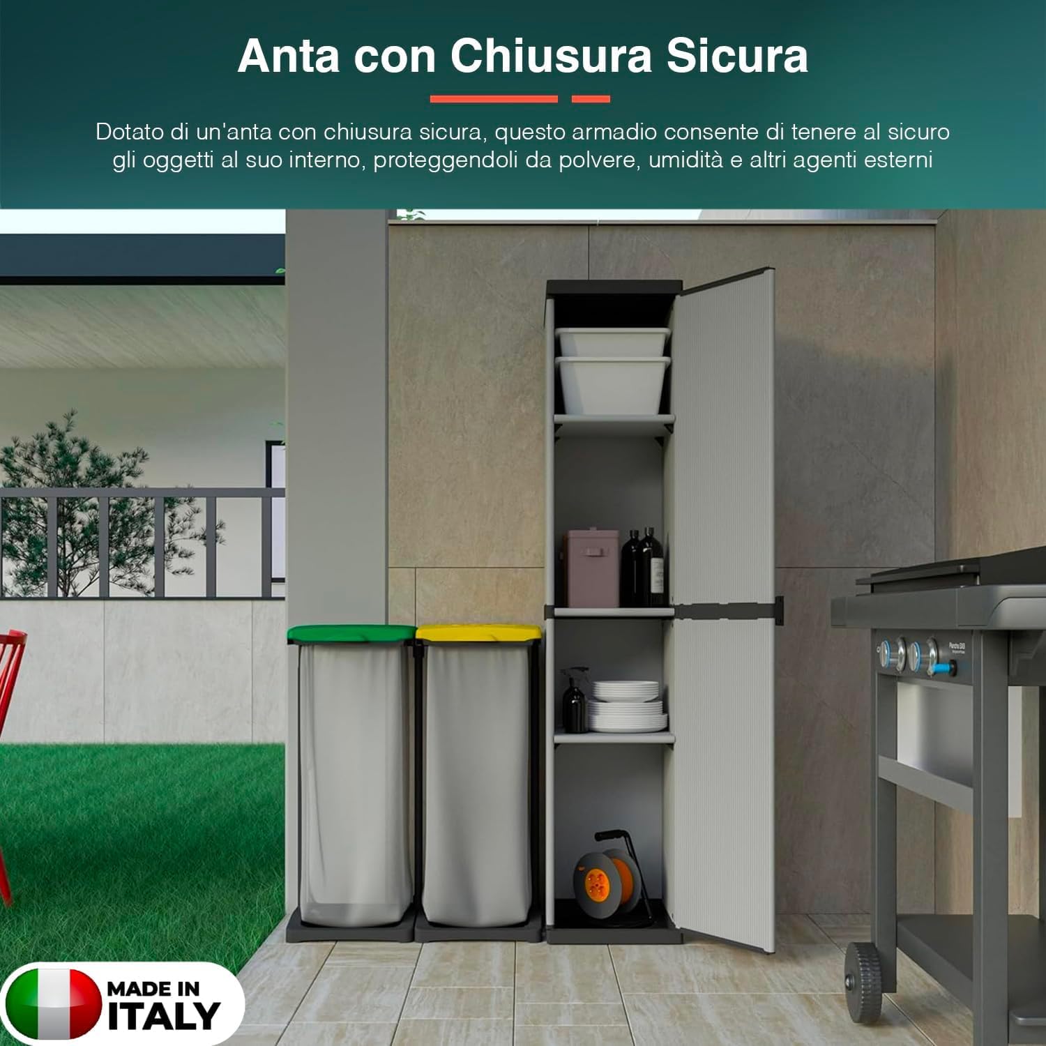 Avilia Armadio da Esterno Alto 1 Anta - Mobile Modulare Salvaspazio con 4 Ripiani, Montaggio Facile, Ottimo per Esterni e Interni, in Resina Termoplastica, Grigio e Nero, 34x39.5x168cm, Made in Italy