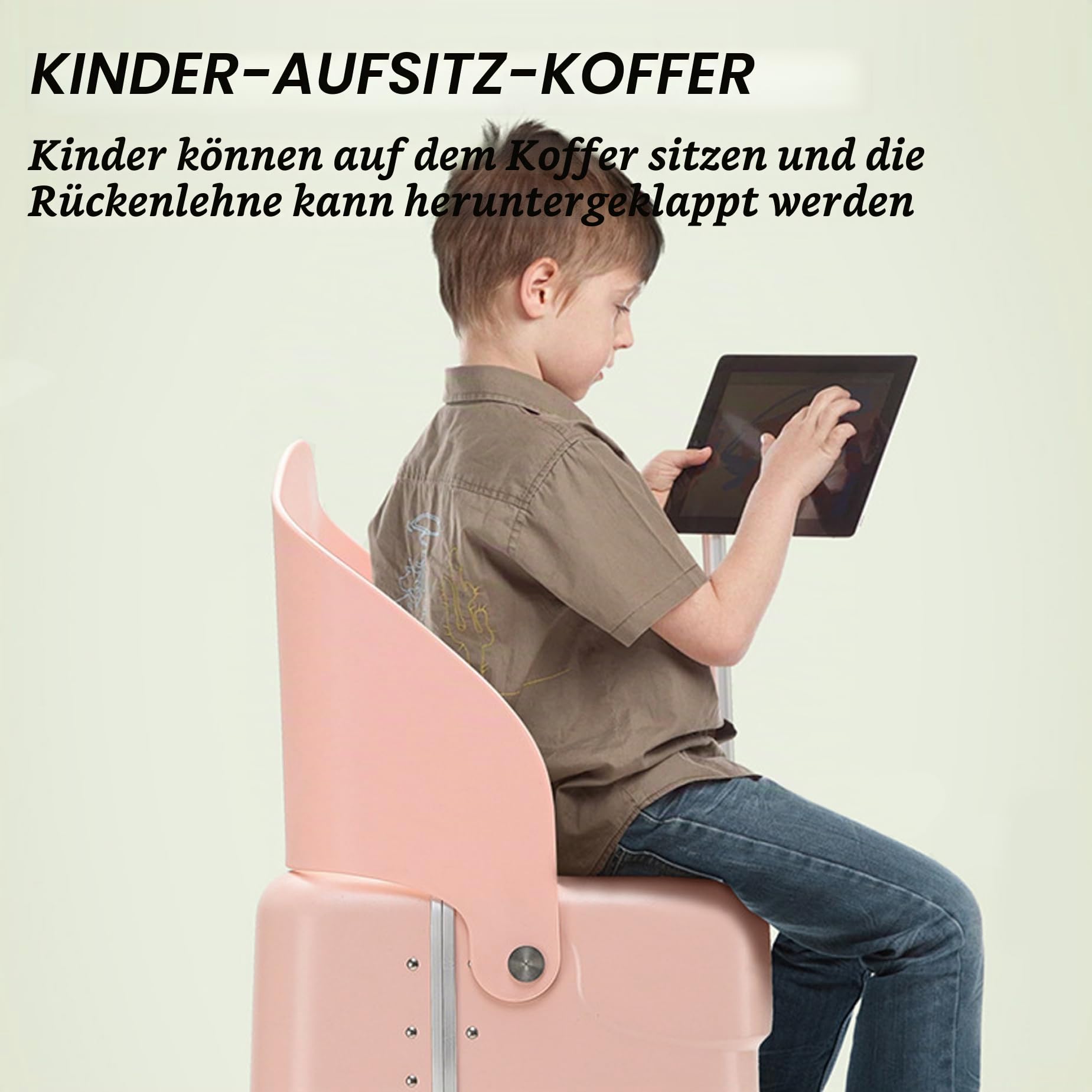 Fahren Sie auf Koffer für Kinder mit abschließbarem Koffer mit Sitz- und 4-Spinner-Räder-Unterteils-Schwerlastgepäck mit Tie-Tod & Bag-Hooks für Reisen, Ausgehen (Style 2), Fahren Sie auf dem Koffer.