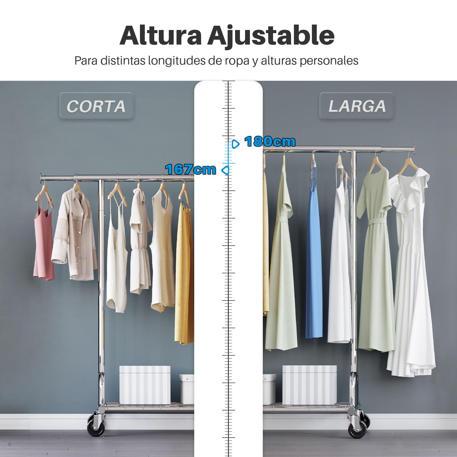 HOKEEPER Burro de Ropa Resistente 238kg, Barra Extensible con Ruedas Bloqueables y Estante, Ahorra Espacio para Dormitorio, Apartamento, Lavandería, Plateado