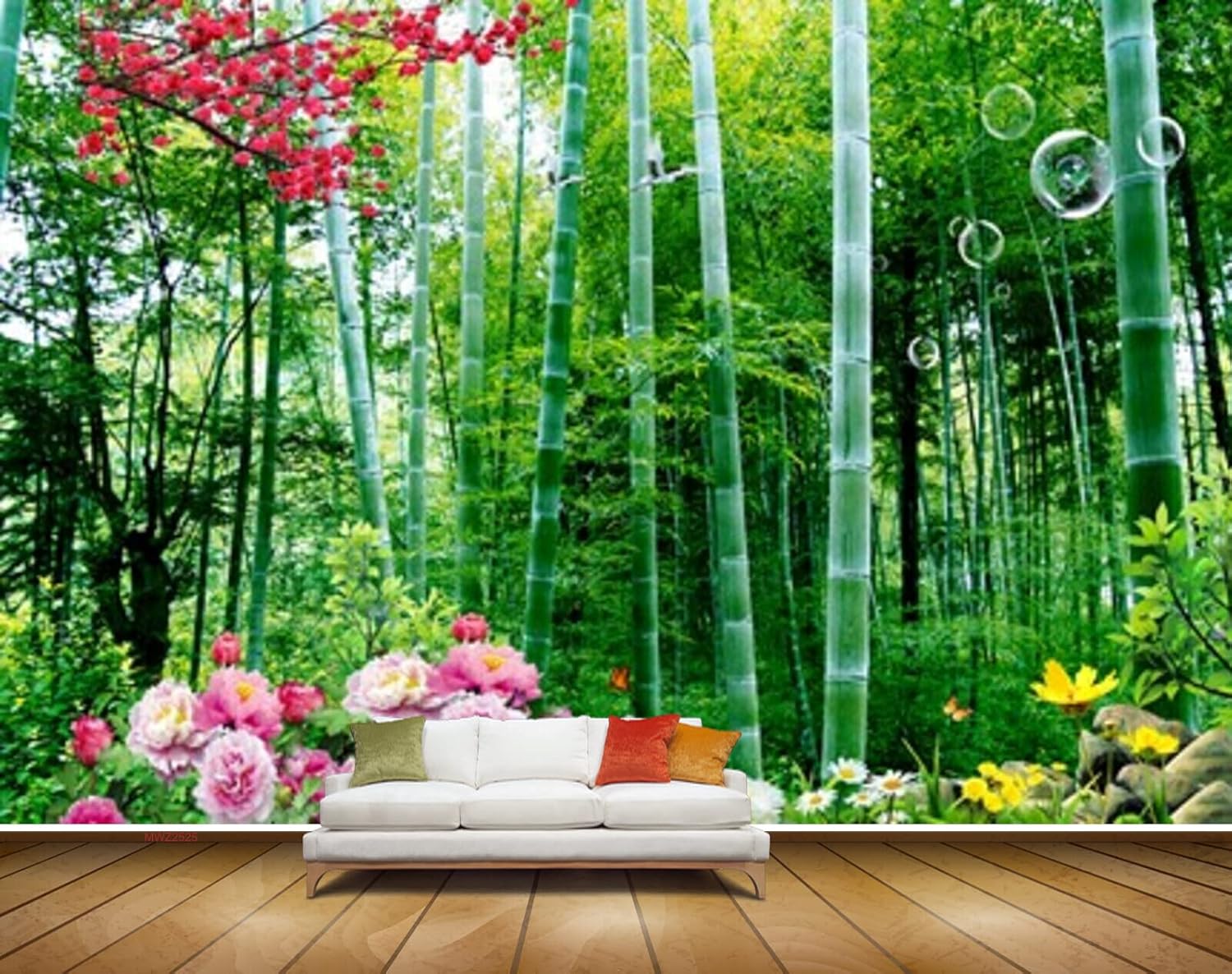 MWZ2525 Bamboo Trees Pink Yellow Flowers Branches HD 3D Wallpaper for Bedroom, Hall[19 ft x 17 ft] / [579 cm x 518 cm]