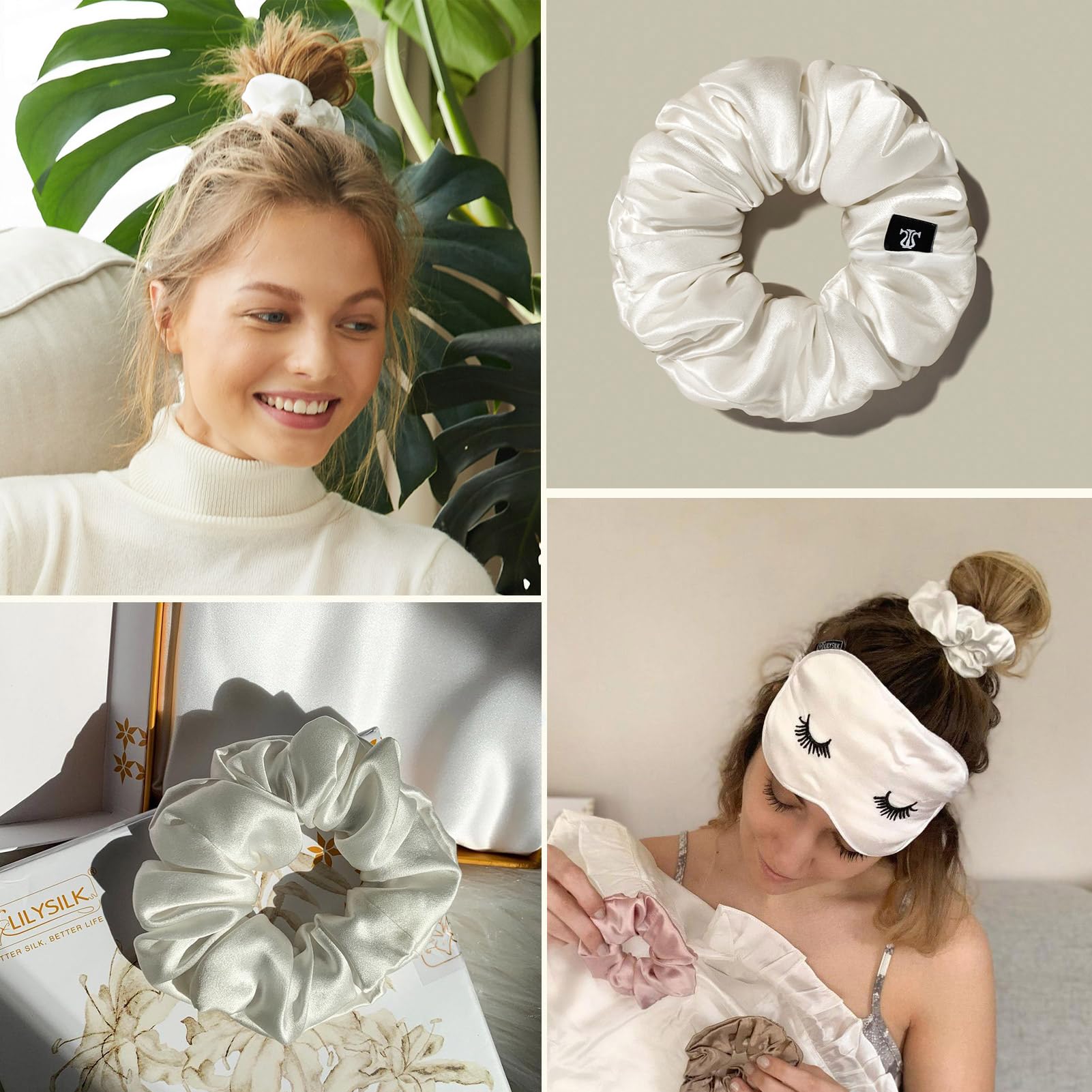 LILYSILK Women's 100% Silk Hair Scrunchies Ladies Elastic Hair Tie Bobbles Ponytail Holders for All Hair Type and Conditions and Preventing Hair Frizz Breakage Loss,Ivory+Black - Image 3