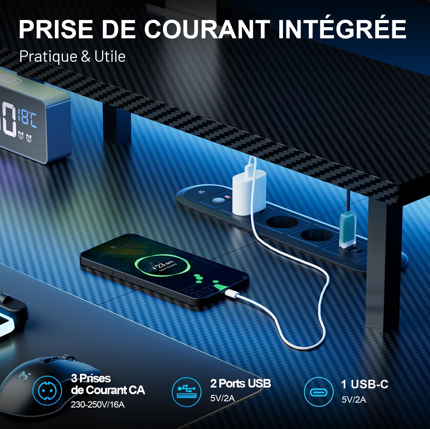 HLFURNIEU LED Bureau Assis Debout Electrique 120 x 60 cm, Bureau Gaming avec Prise Intégrée & Port USB, Table Ordinateur avec Support d'Écran, 2 Contrôle à Fonctions Mémoires, Table Gaming Noir