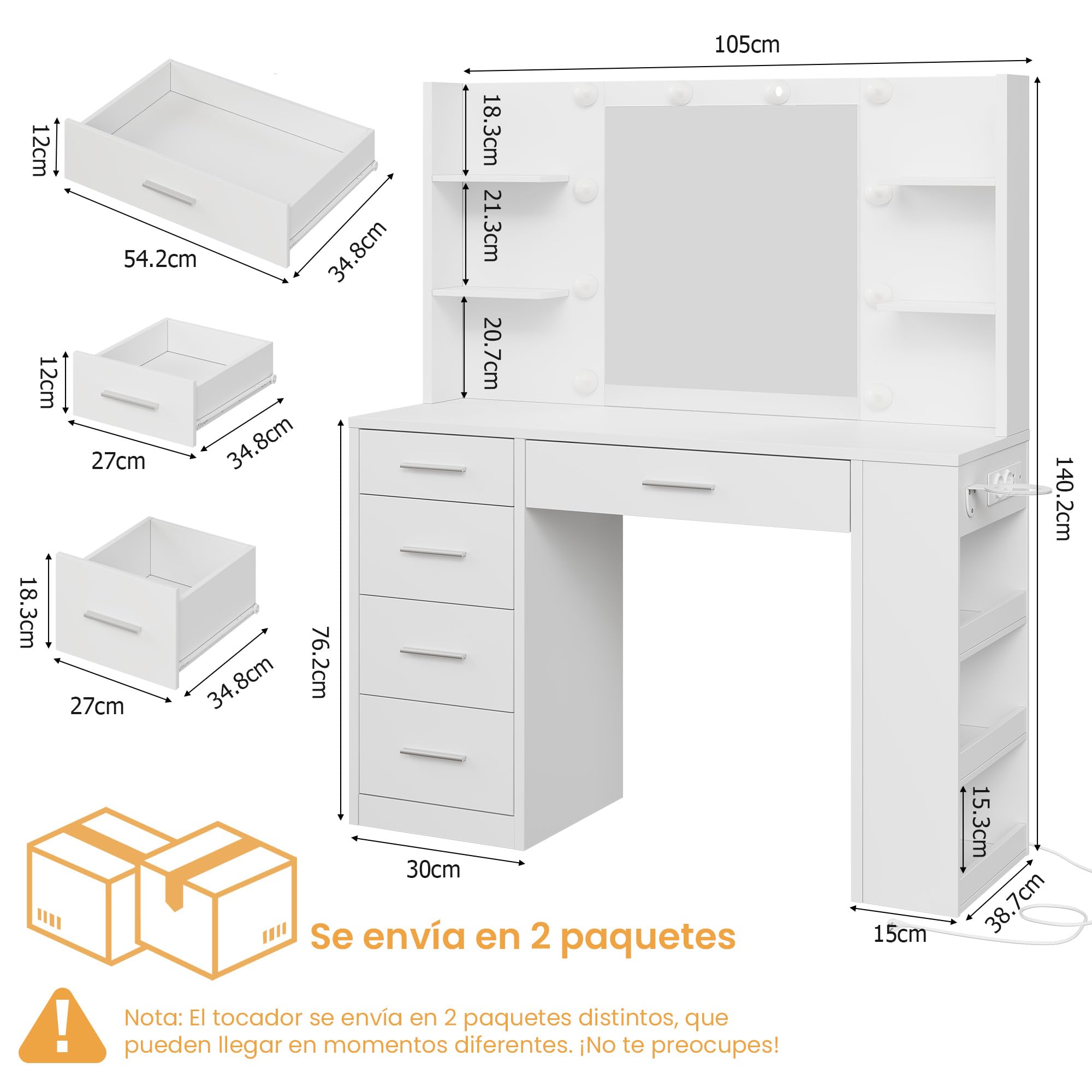 Tocador con Espejo y 10 Luces LED, 3 Estantes, 4 Compartimentos, 5 Cajones, 3 Luces Ajustables, Blanco