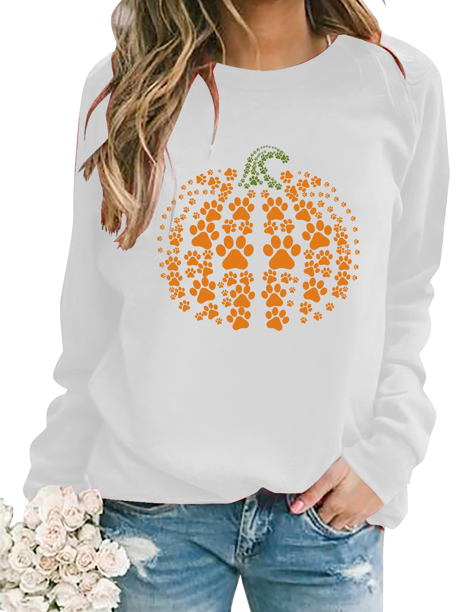 Urvatac Fall Sweatshirt for Women Pumpkin Dog Paw Pullover Thanksgiving Pumpkin Graphic Long Sleeve Shirt Tops
