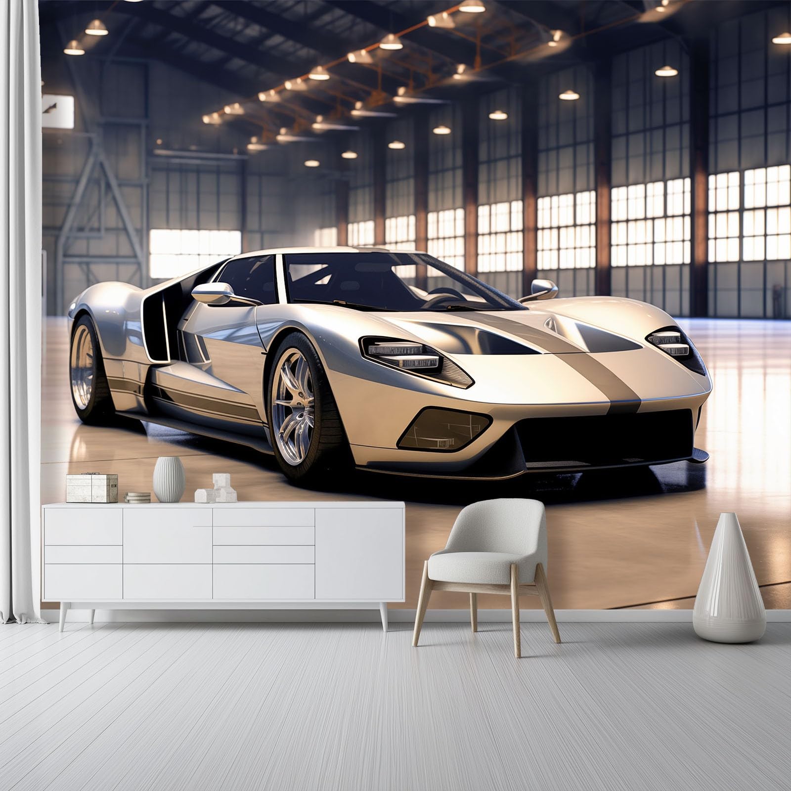 Papel pintado Coche Deportivo 200 x 140 cm, Estilo 3D Moderno Póster fotográfico mural papel pintado moderno decoración de pared sala de estar dormitorio oficina habitación infantil, Plateado