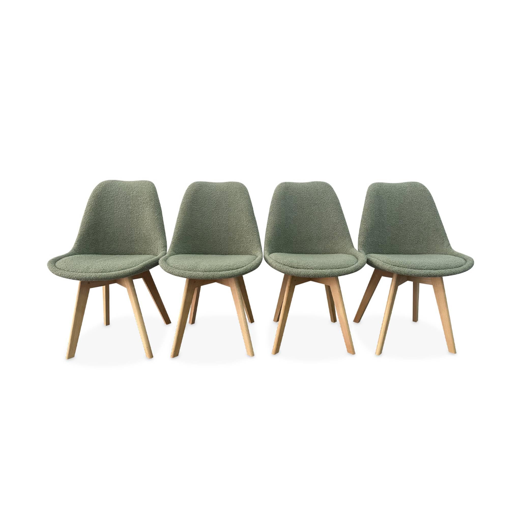 Set di 4 sedie scandinave bouclé, gambe in legno, Nils, Verde celadon, 47x55x81 cm