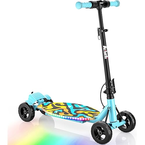 4-Wheel Electric Scooter for Kids w/250W Brushless Motor, Up to 10 MPH & 8.5 Miles, Rainbow Lights, LED Display, 5 Speed & Adjustable Balance, Foldable Kids Electric Scooter, UL-2272 Certified