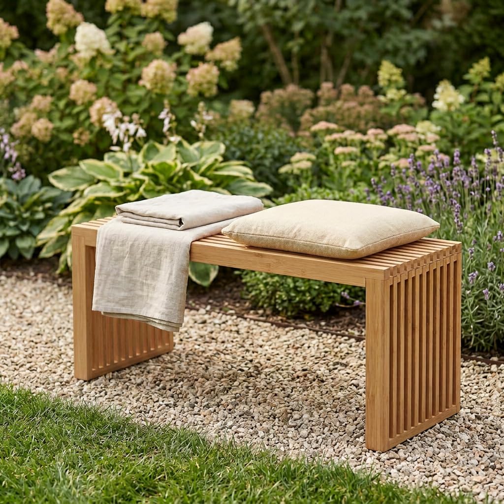 Gartenbank Bambus Wetterfest 2 Sitzer – Holzbank Outdoor ohne Lehne | BAM BOO BOX wetterfeste Gartenbank aus Bambus 90x33x43 cm – Outdoor Sitzbank 2 Sitzer für Balkon & Terrasse