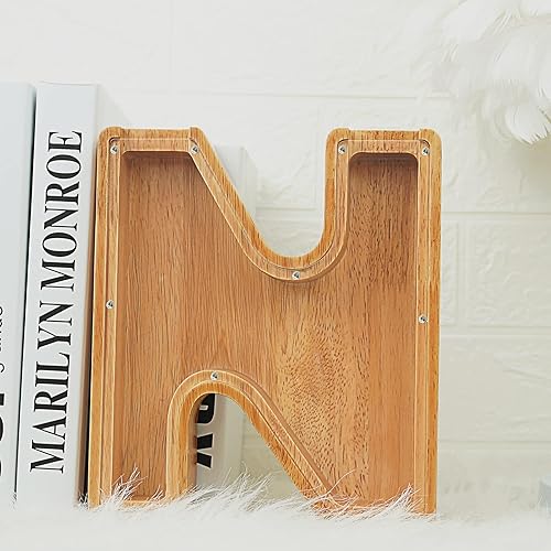Miniatura 35 de Alcancía para niños y niñas, alcancía grande de madera personalizada con diseño recortado, bancos de monedas con letras del alfabeto, caja de ahorro