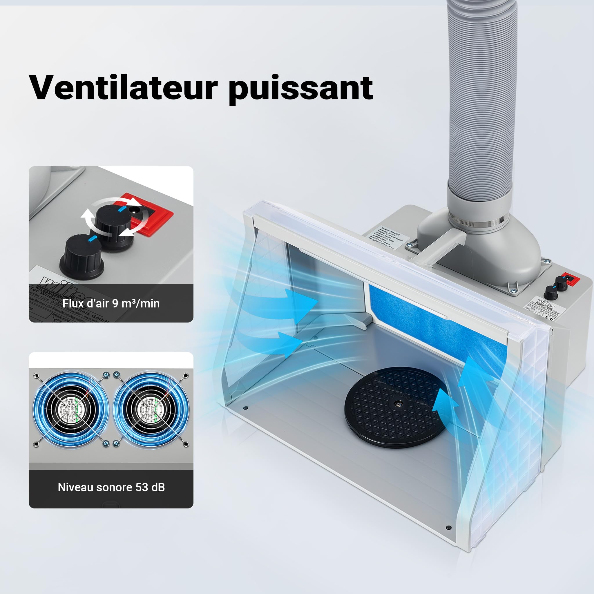 WilTec Système d'aspiration Airbrush – 9 m³/Min – avec Éclairage LED et Ventilation – contrôle par Boutons rotatifs – Cabine à Double Ventilateur réglable