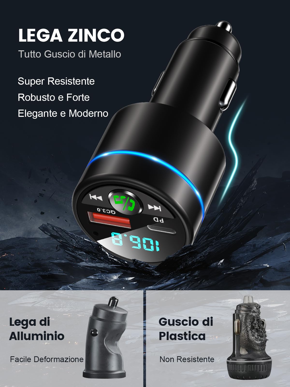 Mohard [Carcassa in Metallo] Bluetooth 5.3 Auto Trasmettitore FM, PD 30W & QC3.0 18W Ricarica Rapida Adattatore Bluetooth Auto Accendisigari, Amplificatori Multicanale Musica Hi-Fi & Chiamate Vivavoce