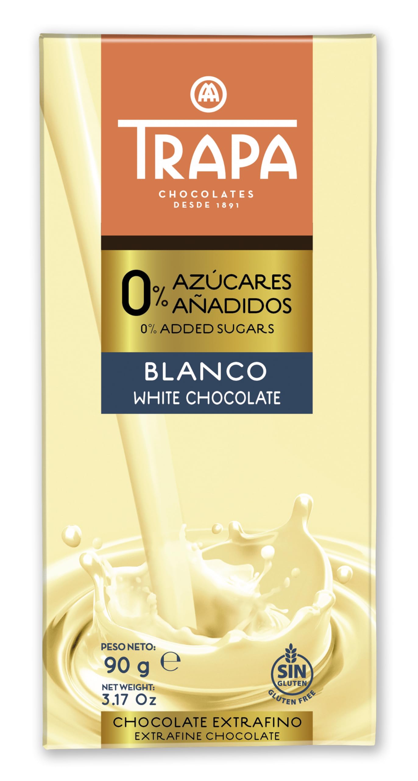 TRAPA 0% AZÚCARES AÑADIDOS | Chocolate Blanco | Tableta 90 g | Sin Gluten
