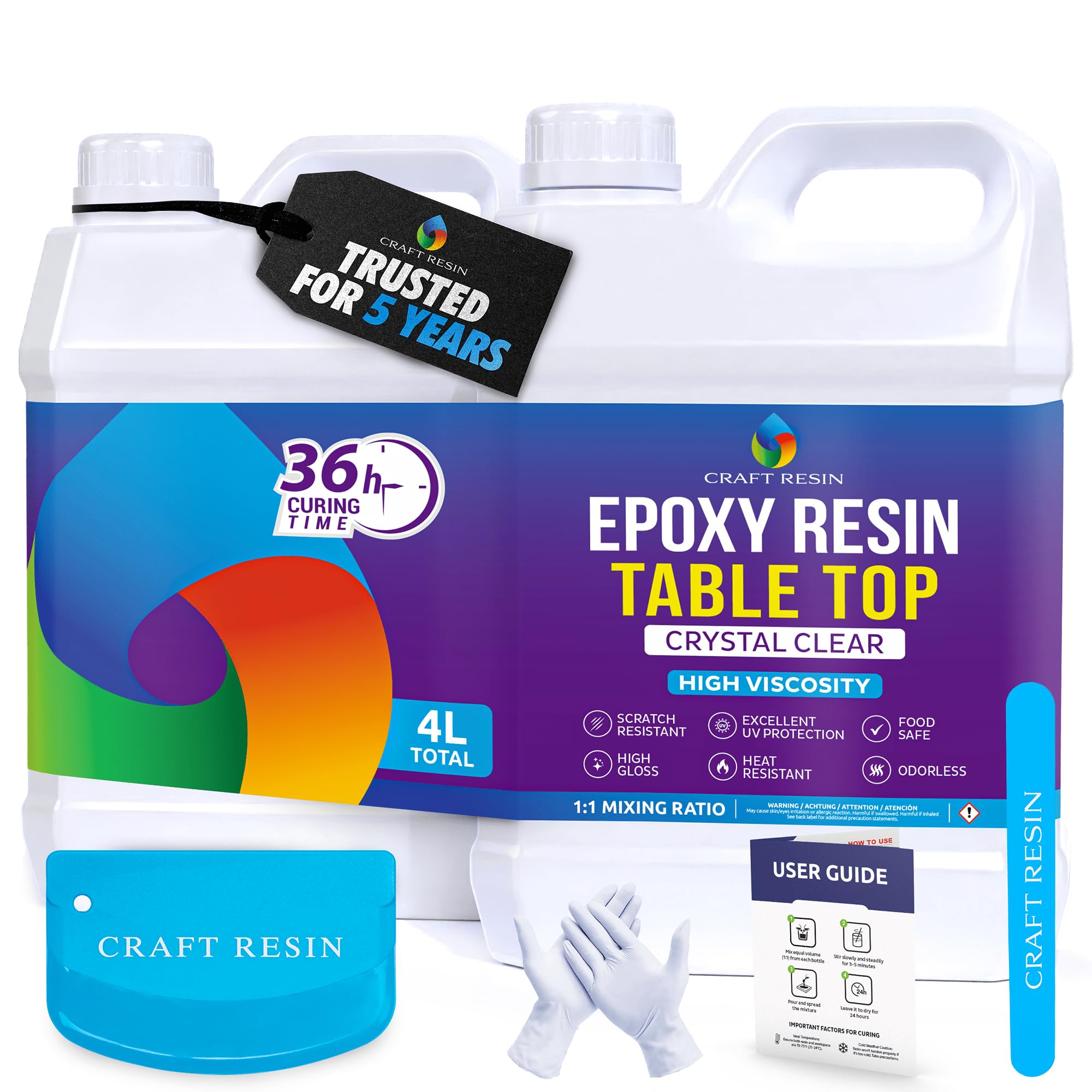CRAFT RESIN Epoxidharz Set für Tischplatten 4L (1:1) – Kristallklar, Hochglänzend, UV-Beständig, Selbstnivellierend – Epoxy Harz für Arbeitsplatten, Oberflächen, Tisch, Holz & Kunstbeschichtungen