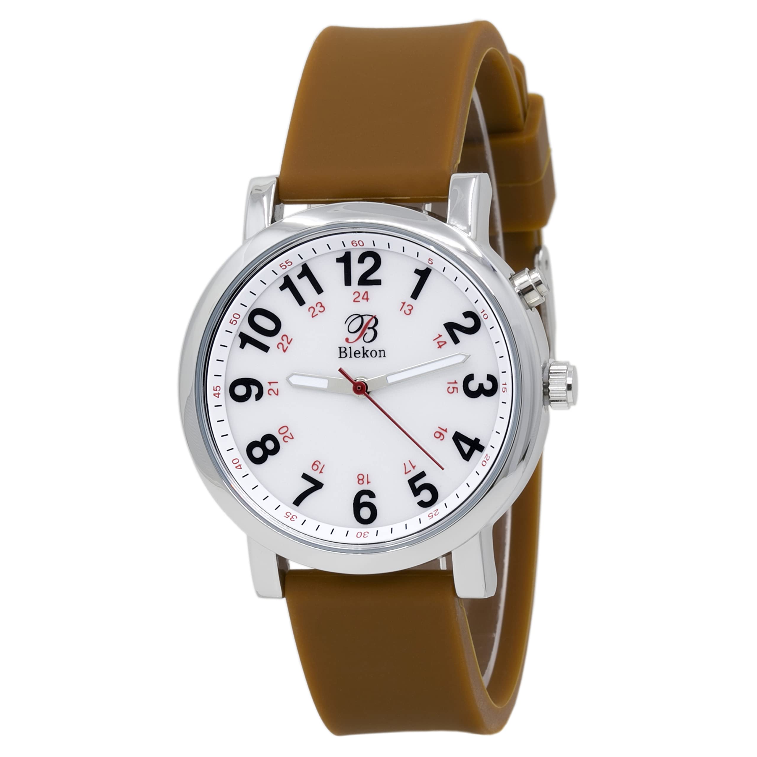 Blekon Original Light Up Dial Nurse Watch – Various Medical Scrub Colors, Easy to Read, Military Time with Second Hand, Silicone Band, Water Resistant Watch Brown