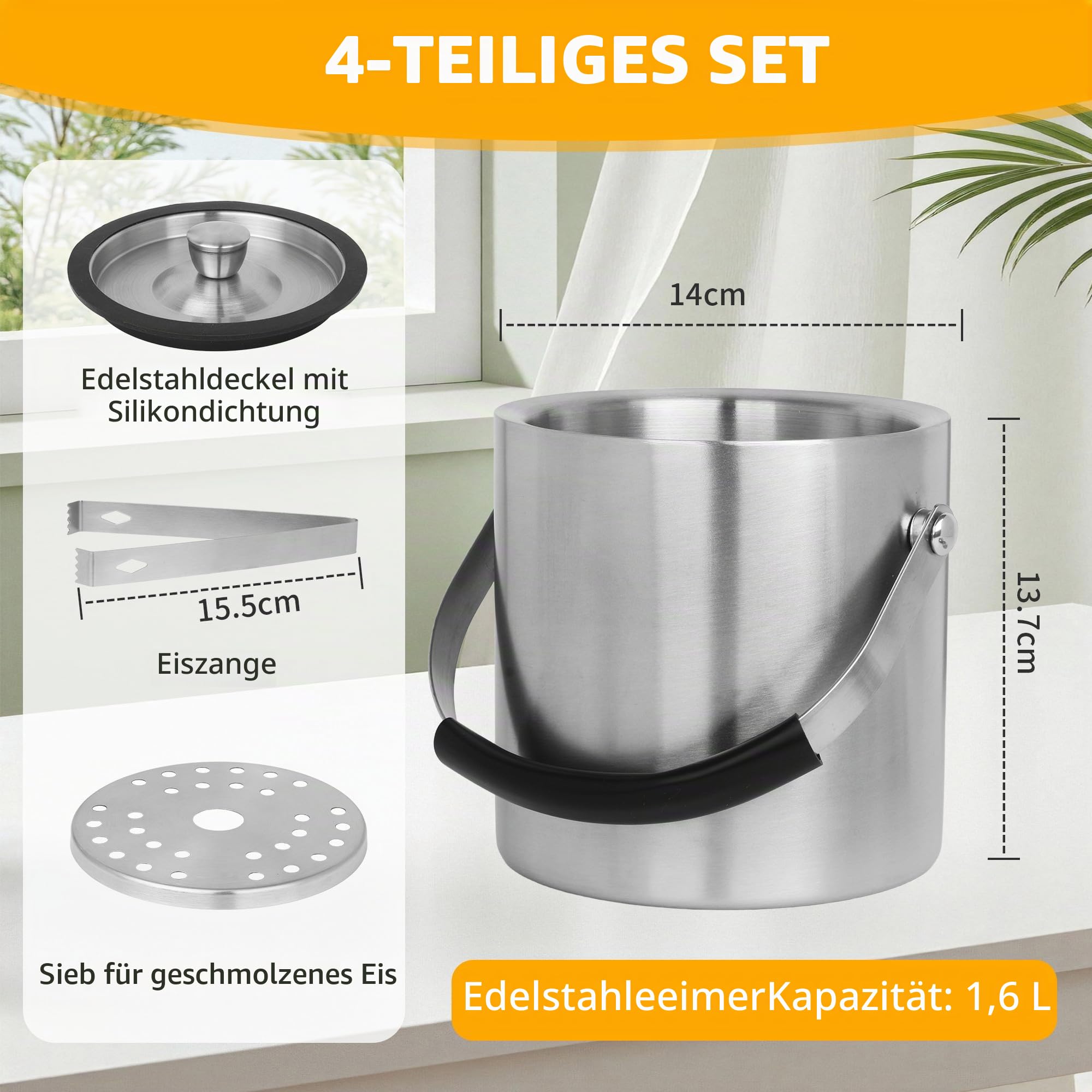 1.6 L Eisbehälter, Eisbehälter aus Edelstahl 1.6 L, Edelstahl-Eiskübel, doppelwandig, doppelwandiger isolierter Eisbehälter für Eiswürfel, ideal zum Kühlen von Bier, Champagner, Wein und Obst (1.6L)